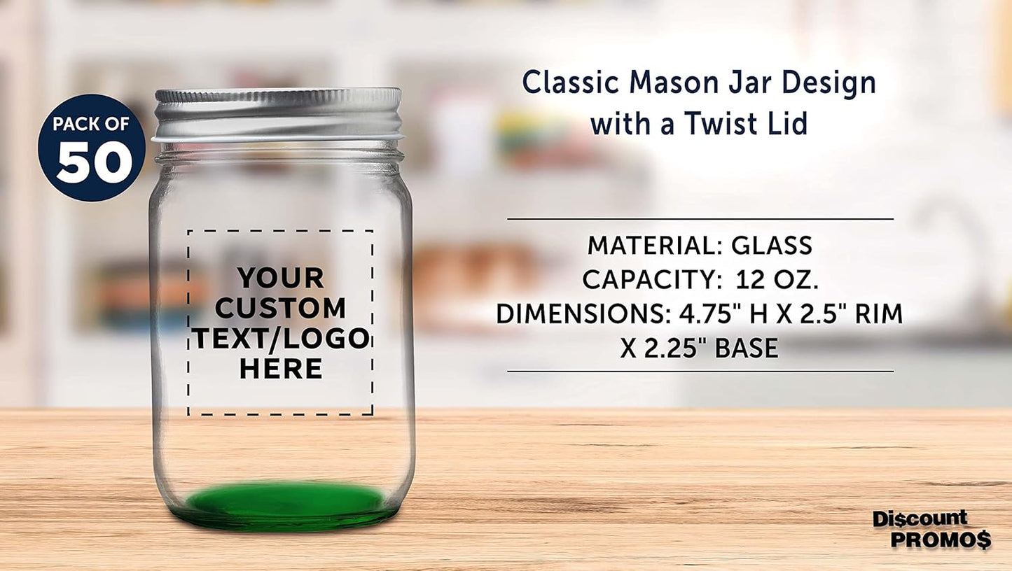DISCOUNT PROMOS 50 Decorating Mason Jars Set, 12 oz. - Customizable Text, Logo - Canning, Aluminum Lid - Green