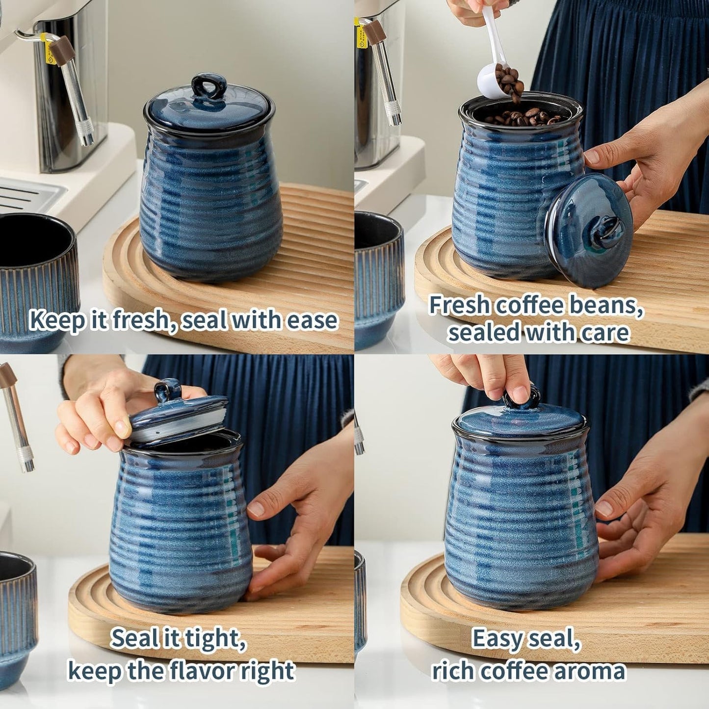 Ceramic Food Storage Jars,25 Oz Porcelain Kitchen Canisters with Airtight Lids Set of 3,Flour Containers for Countertop,Farmhouse Decor Serving Ground Coffee,Tea,Sugar,Pasta and Rice,Blue