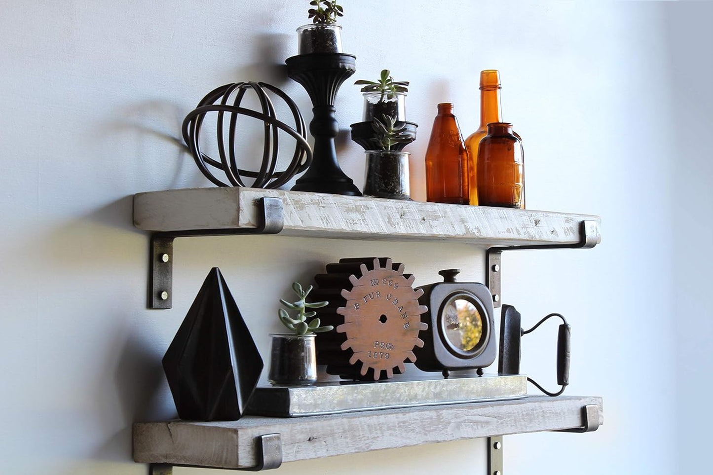 Urban Legacy Accent Shelves | Reclaimed Barn Plank | Set of 2 with Full Brackets (White Wash 36" x 4.5" x 2")