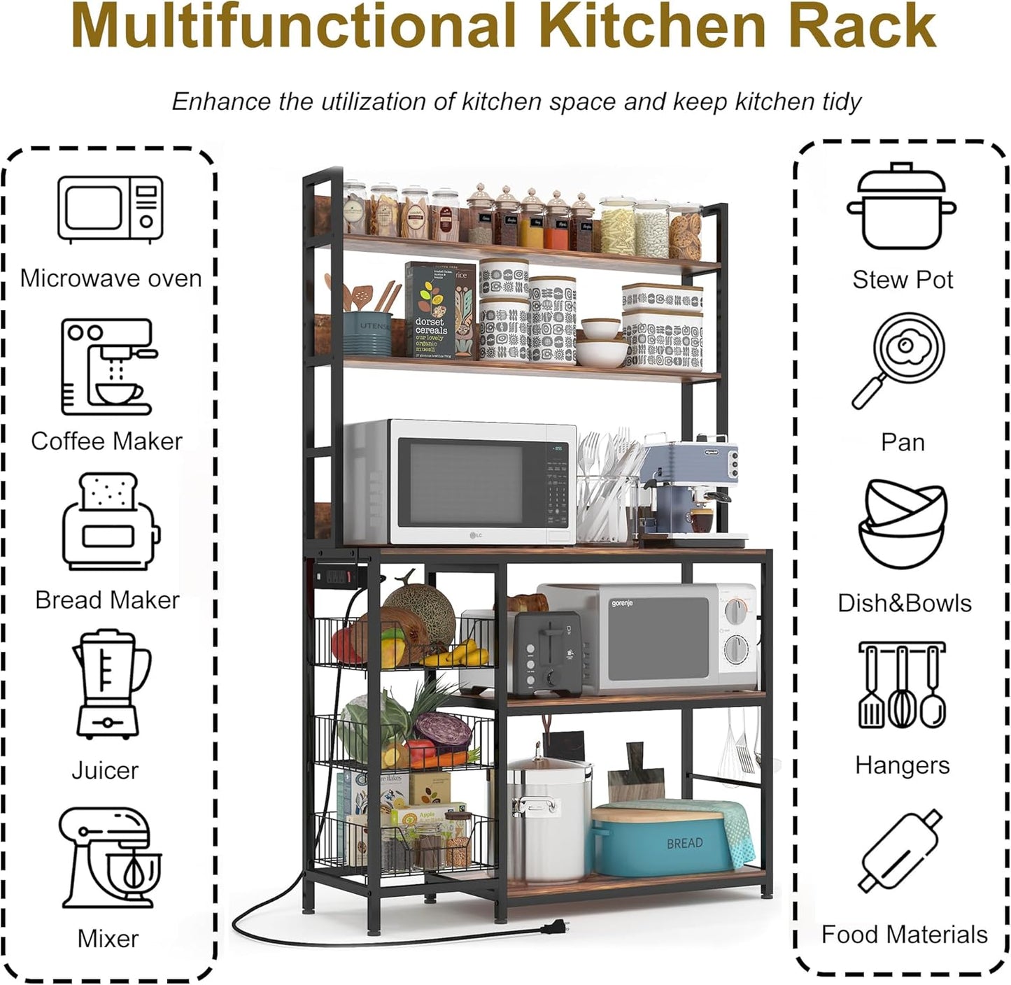 Bakers Rack with Baskets and Power Outlet, 5-Tier Kitchen Utility Storage Shelf with Hooks, Microwave Oven Stand Rack, Vintage Brown Free Standing Kitchen Shelf