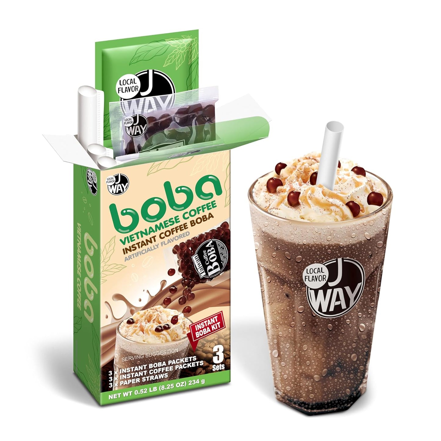 J WAY Instant Vietnamese Coffee Kit with Authentic Brown Sugar Tapioca Boba, Ready in Under One Minute, Paper Straws Included - 3 Servings