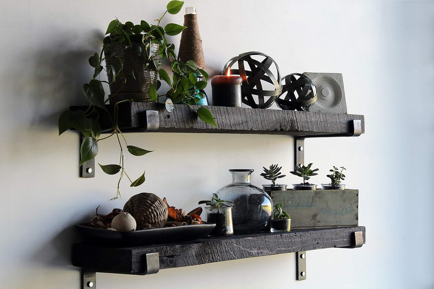 Urban Legacy Accent Shelves | Reclaimed Barn Plank | Set of 2 with Full Brackets (Coffee Bean 30" x 7" x 2")