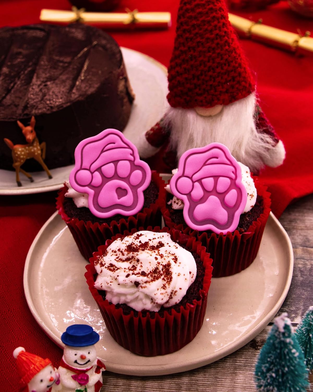 BAKERLOGY Paw-lalalala – Mini Santa Paw Cookie Cutter & Stamp Set (2") – Set of 2 Paw Prints with Santa Hat for Christmas Pet-Themed Fondant Embossers for Festive Cookies, Cupcakes and Edible Crafts