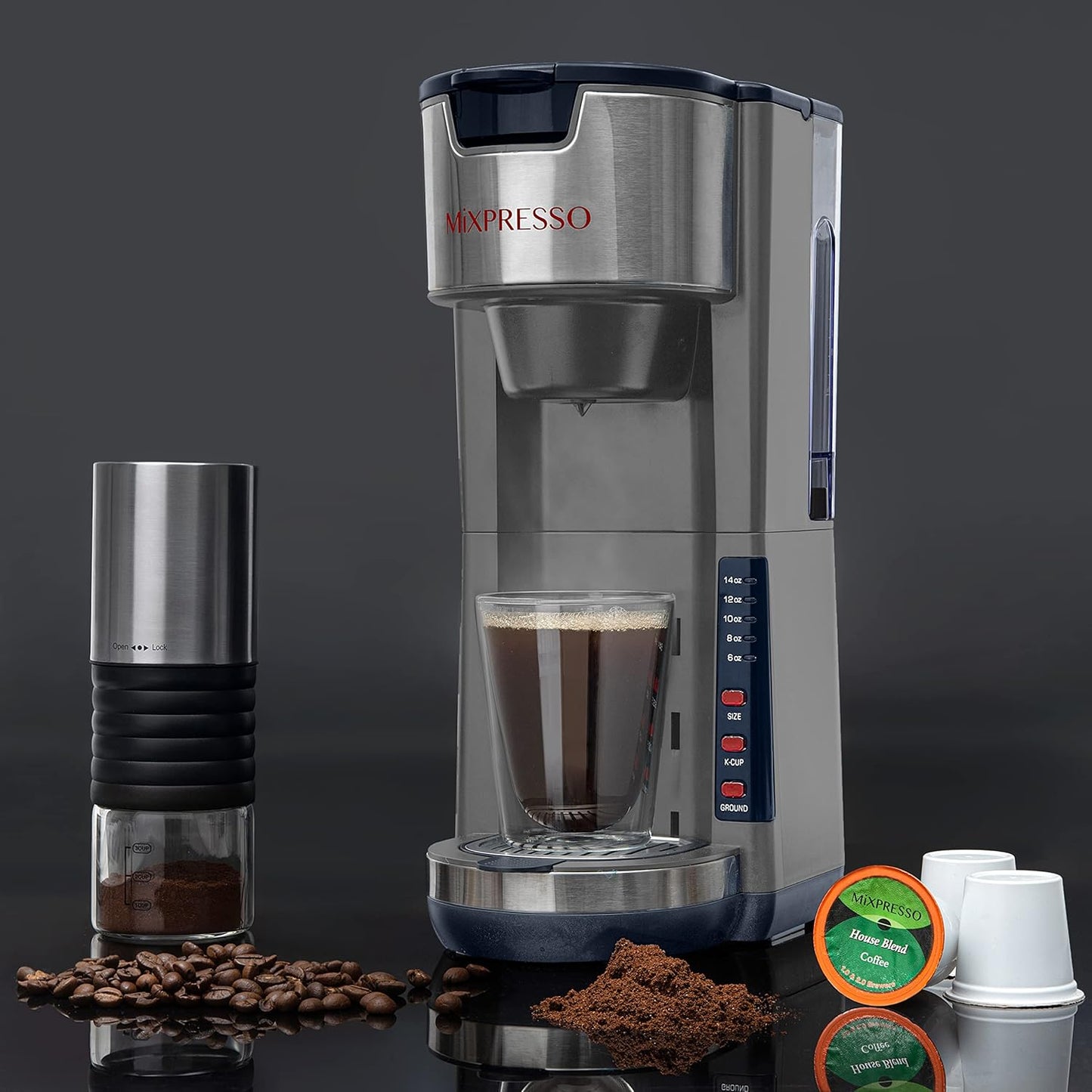 Mixpresso Gray Single Serve Coffee Brewer K-Cup Pods Compatible & Ground, 30 oz Compact Coffee Maker Single Serve With 5 Brew Sizes Up To 14 Oz, Fits Travel Mug, Adjustable Drip Tray