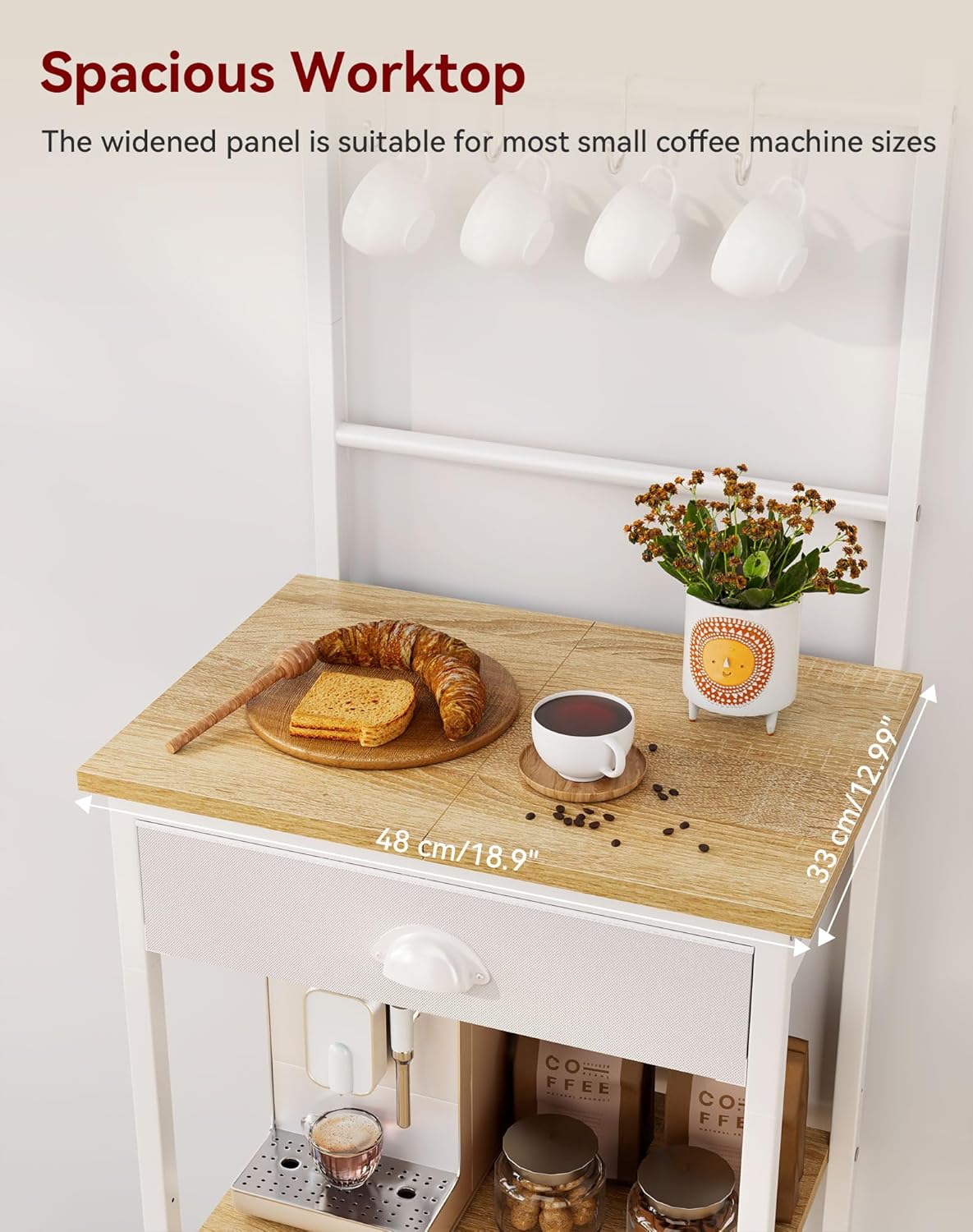 YMYNY 5 Tier Coffee Bar Station, Coffee Stand with Fabric Drawers, 8 S-Shaped Hooks, Corner Bar Cabinet, Height Adjustable, Bakers Rack for Kitchen, Living Room, Natural HBR009R