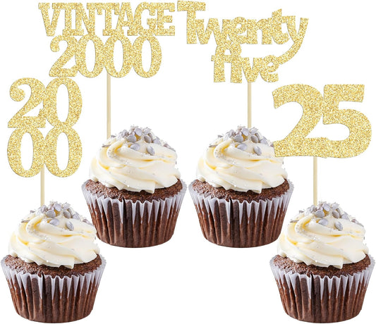 Gyufise 24Pcs Cheers to 25 Cupcake Toppers Glitter Twenty-five Vintage 2000 25th Birthday Cupcake Picks Hello 25 Years Birthday Cake Decorations for Happy 25th Anniversary Party Supplies Gold
