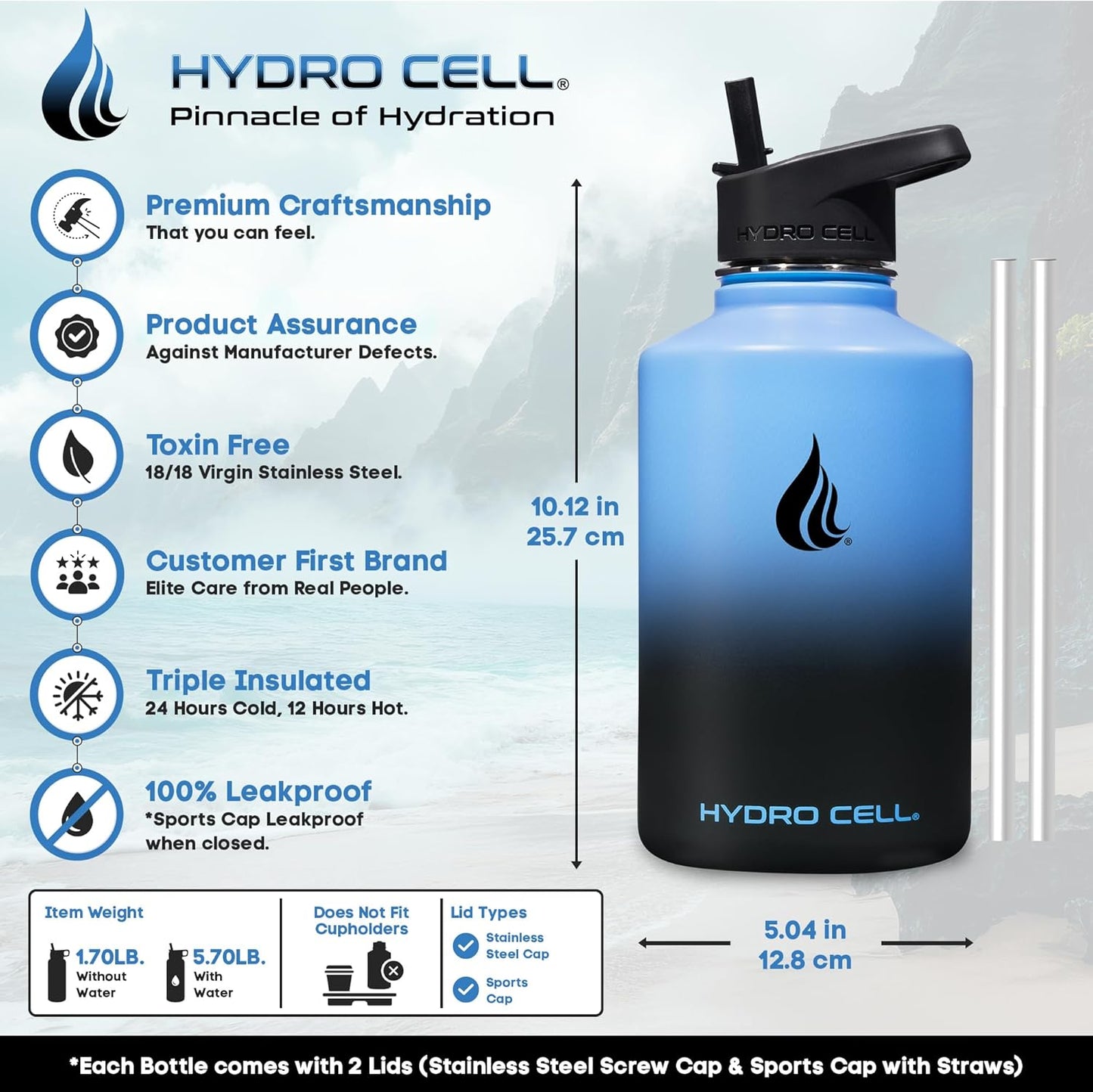 HYDRO CELL Stainless Steel Insulated Water Bottle with Straw - For Cold & Hot Drinks - Metal Vacuum Flask with Screw Cap and Modern Leakproof Sport Thermos for Adults (Blue/Black 64oz)