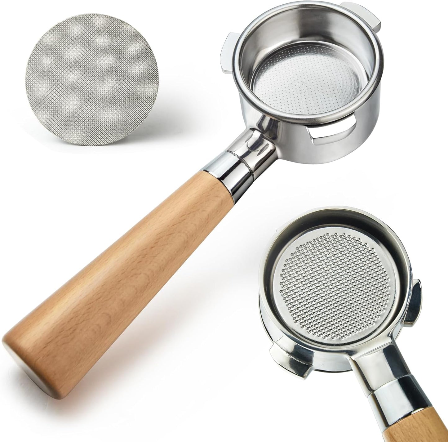 54 mm Bottomless Portafilter with Puck Screen, 3 Ears Espresso Portafilter Compatible with Breville Barista Express Machines,Stainless Steel Por tafilter and Maple Handle