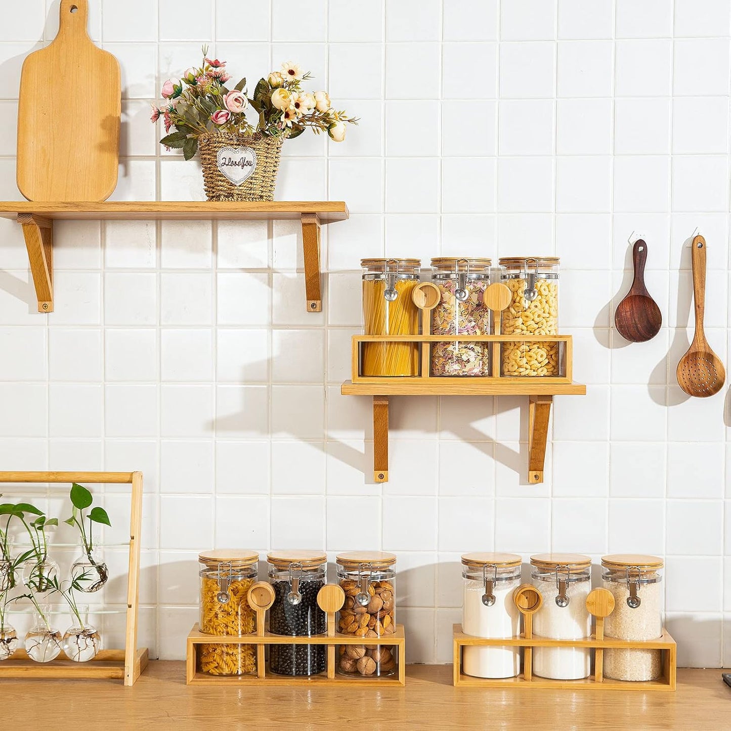 Yangbaga Glass Coffee Sugar Containers with Shelf, 3 x 45 OZ Coffee Bean Storage Station Organizer with Airtight Locking Clamp and Coffee Bamboo Scoop, Large Capacity Food Storage Jar for Kitchen