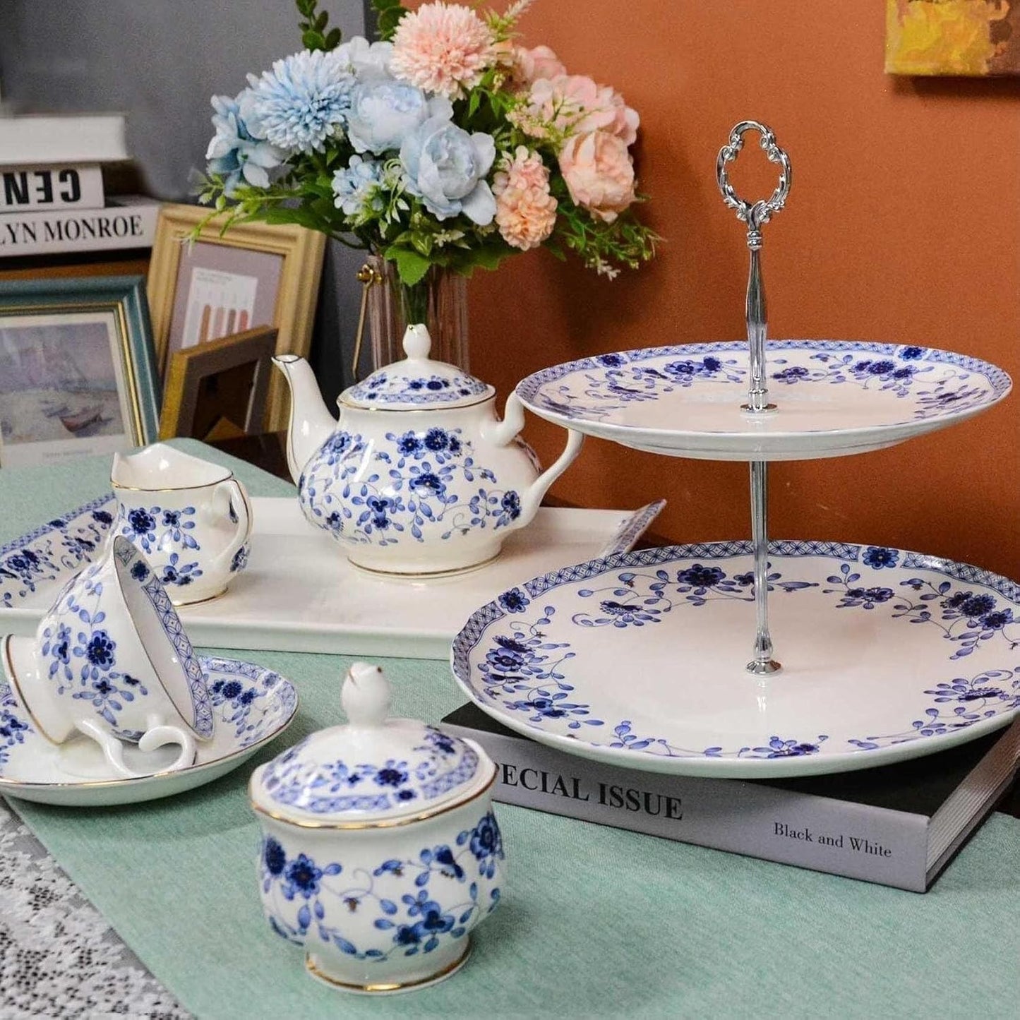 Bone China Tea Set for Adults, 13-Piece Porcelain Tea Sets,Blue and White Bone China Tea Cup Set for 4，Vintage Tea Sets for Women Tea Party or Christmas Gifts