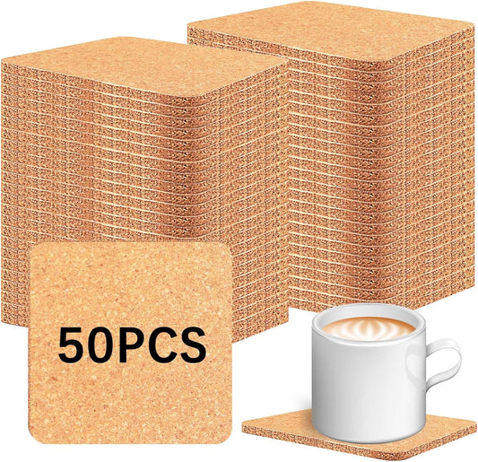 50 PCS Cork Coasters Bulk,Blank Square Cork Coasters DIY Crafts, Non-Slip Heat-Resistant Reusable Coffee Coaster, Suitable for Home Desktop Decoration