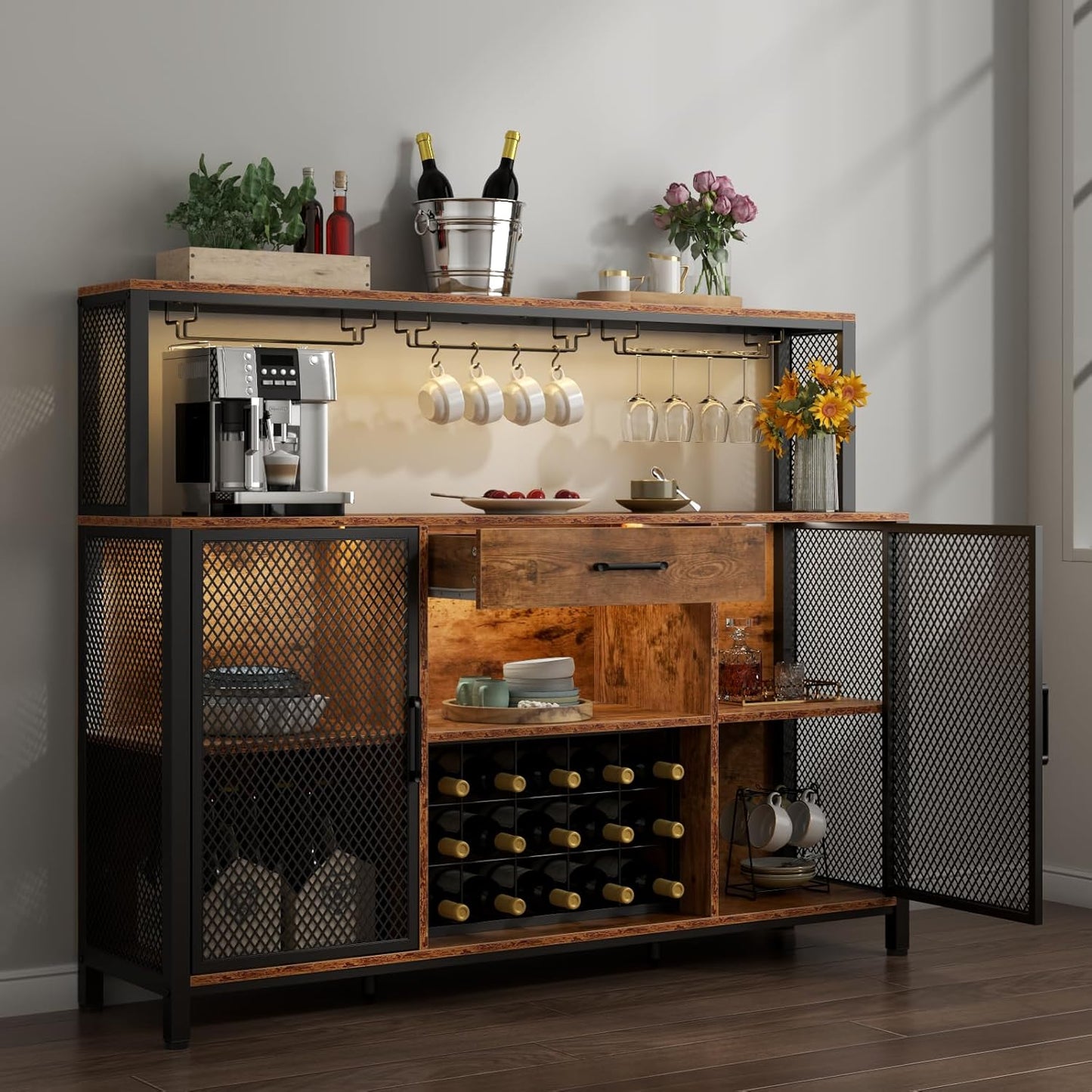 Wine Bar Cabinet with Drawer and LED Lights, 55 Inches Industry Coffee Bar Cabinet with Wine Rack and Glass Goblet Holder, Kitchen Sideboard Buffet Cabinet for Liquor and Goblet