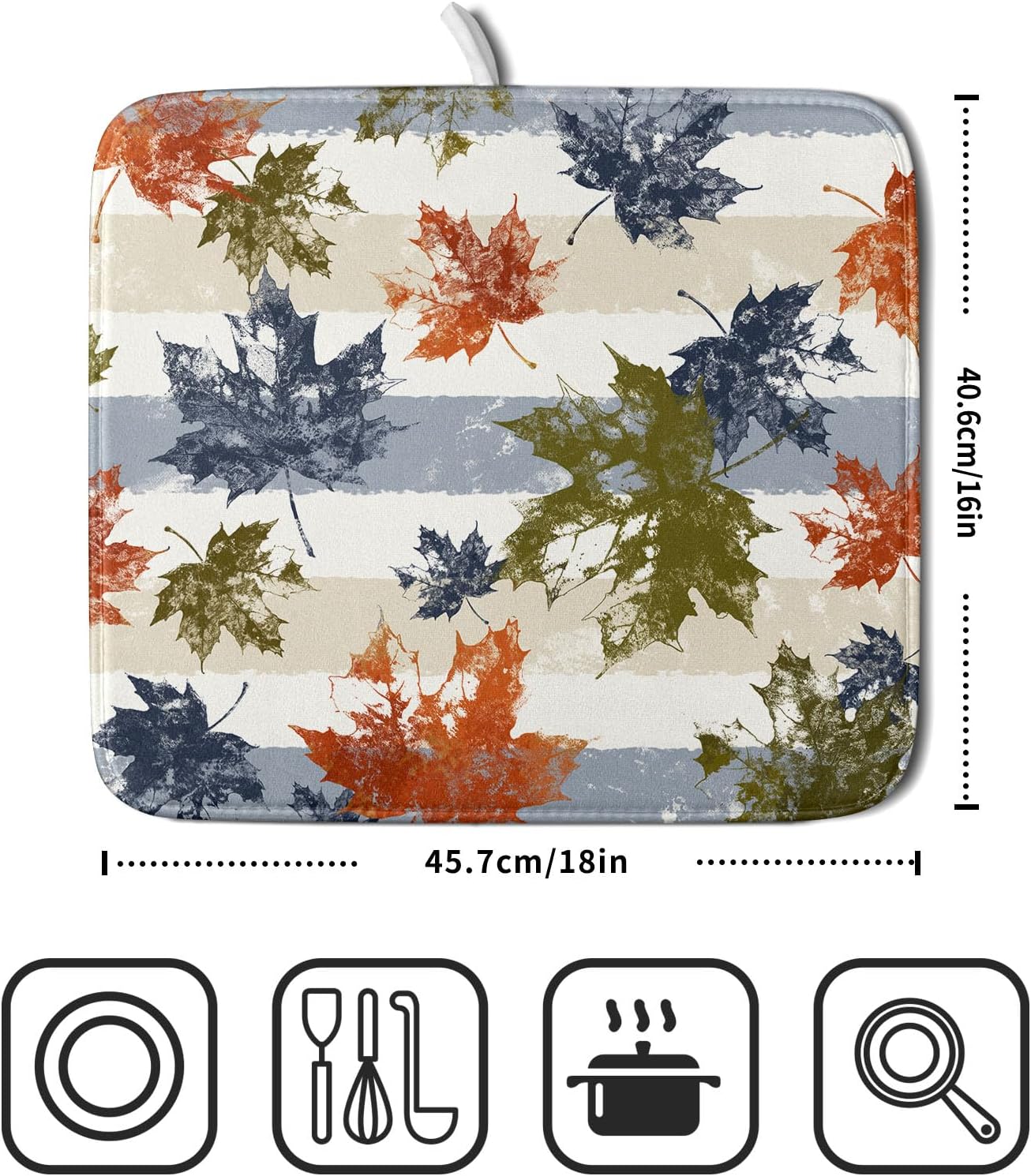 Autumn Colorful Maple Leaves Dish Drying Mat for Kitchen Counter,Blue and White Stripe Drying Mat 16 x 18 Inch with Absorbent Reversible Microfiber Dish Drying Pad Dish Rack Drainer Mat for Coffee Bar