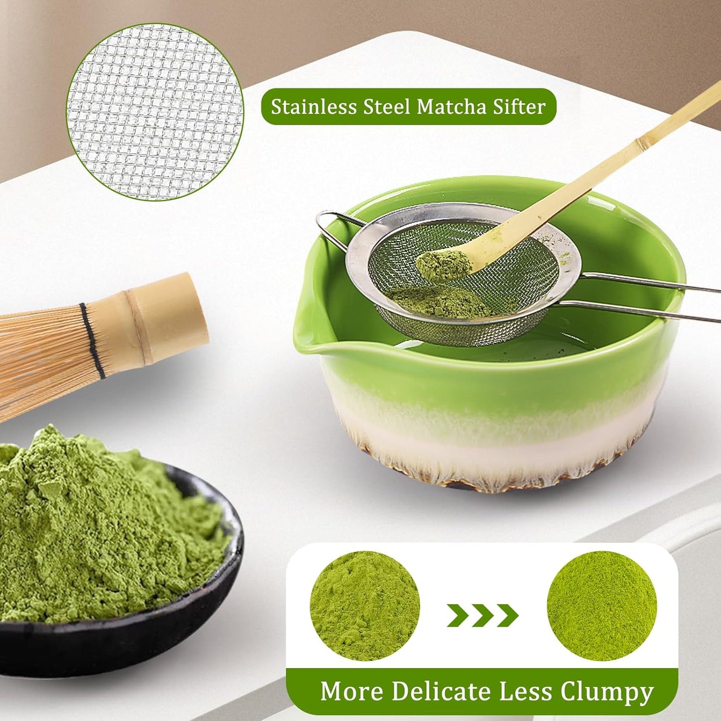 Matcha Set Includes Ceramic Matcha Bowl with Spout, Bamboo Whisk, Matcha Sifter, Matcha Whisk Holder, Bamboo Spoons, 5 Pieces Green Matcha Kit Gift for Tea Lovers