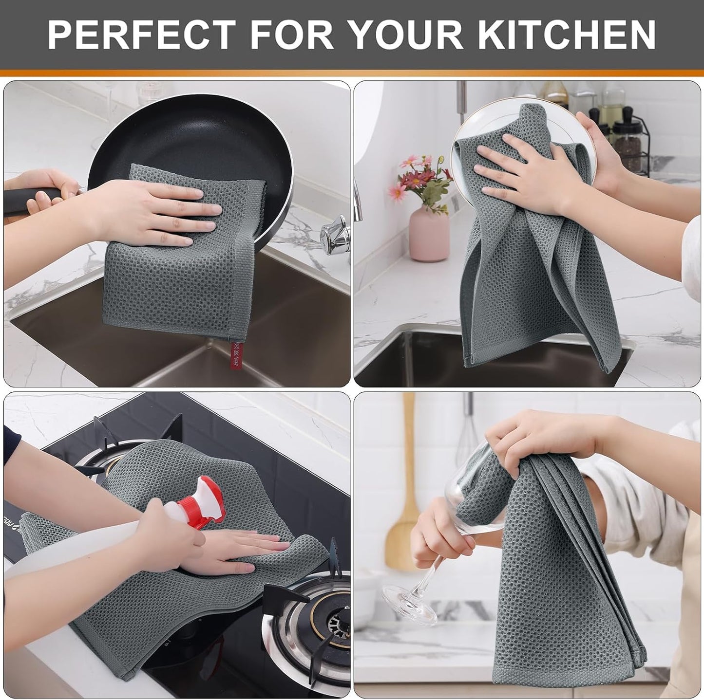 Kitinjoy 100% Cotton Waffle Weave Kitchen Towels (13 X 28 Inches, Grey), 4-Pack Super Soft and Absorbent Dish Towel for Drying Dishes, Kitchen Hand Towels