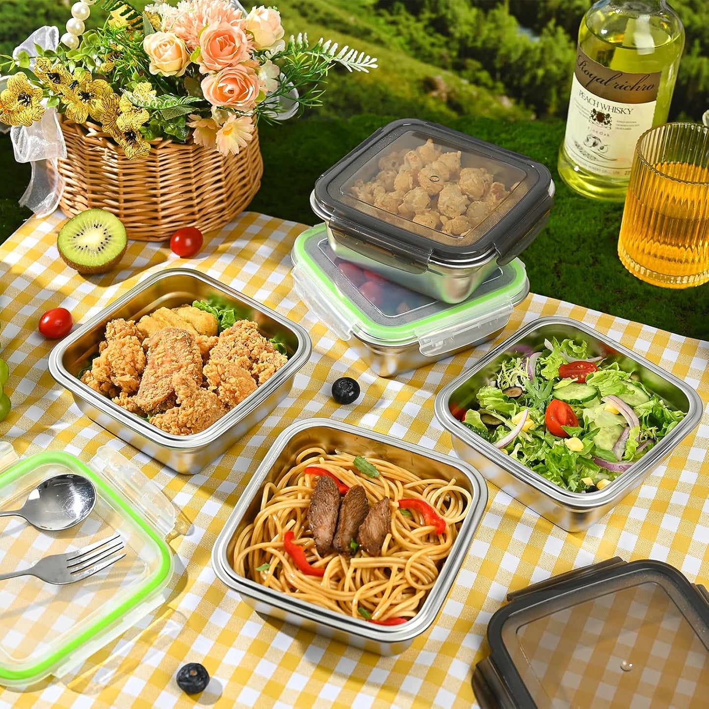 2 Pack Sandwich Containers, 24oz Stainless Steel Sandwich Box with Airtight Lids, Reusable Metal Meal Prep Lunch Boxes, BPA-Free, Dishwasher Safe, Food Storage Containers for Families (Green)