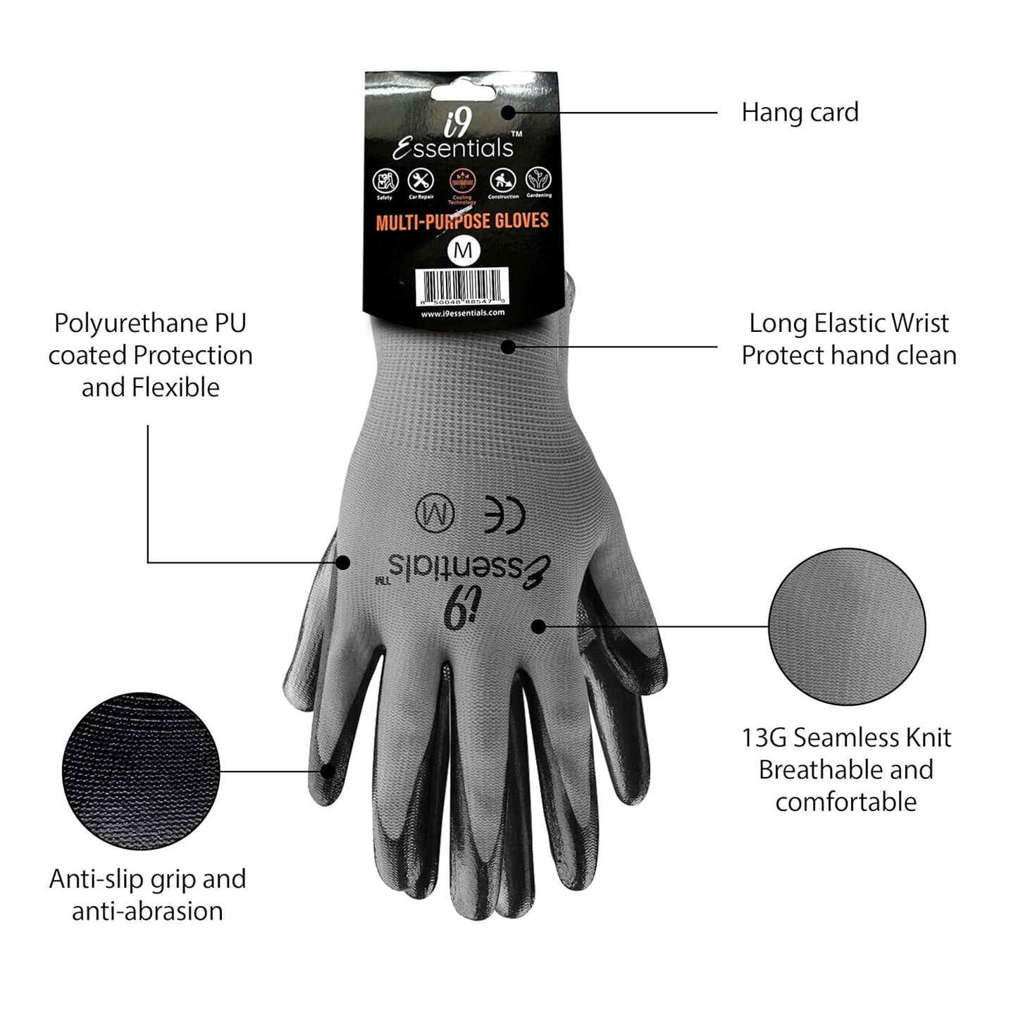 I9 Essentials 6 Pairs Nitrile Coated Work Gloves – Medium,Lightweight Grip Gloves for Men & Women – Gardening, Construction, Mechanic, Woodworking