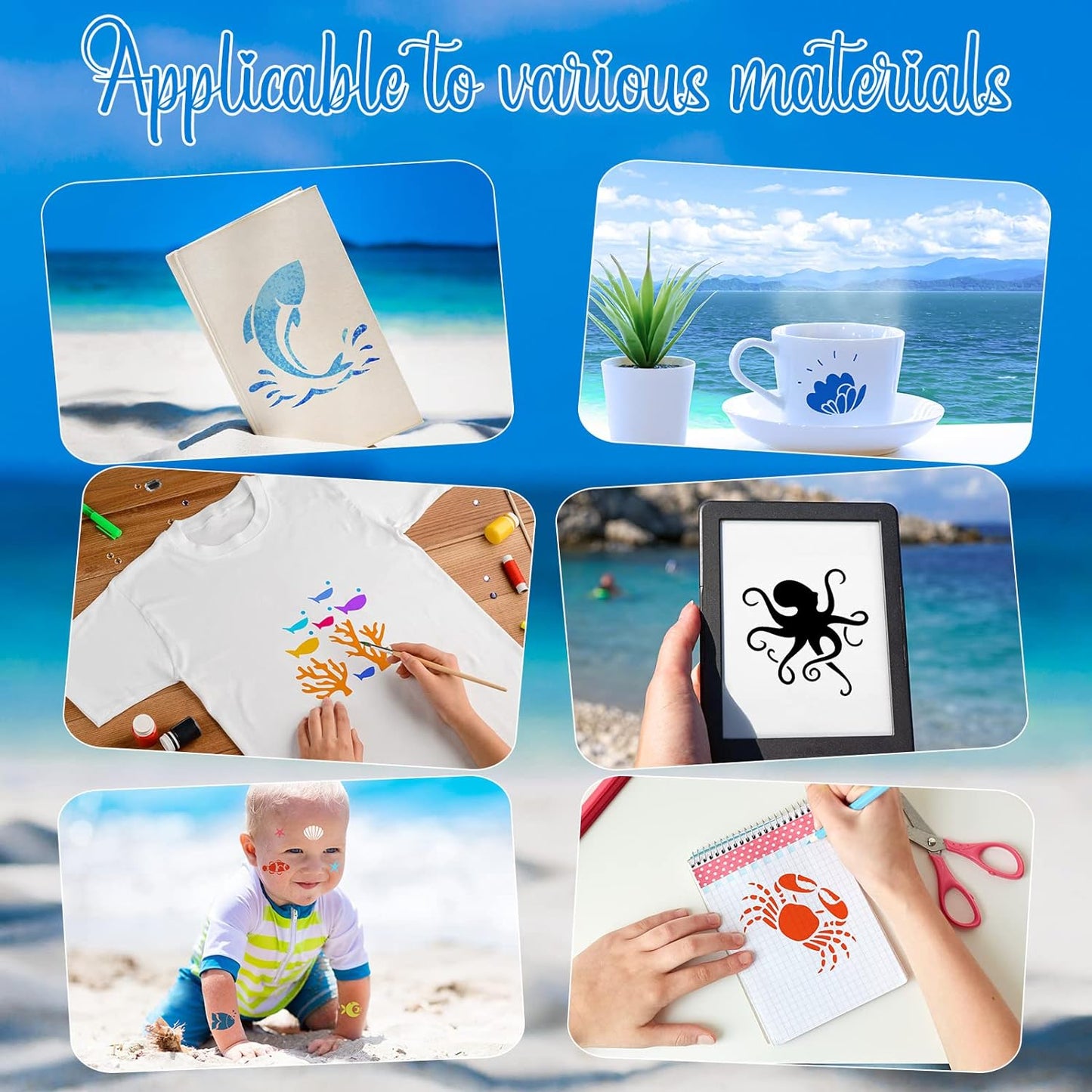 100 Pcs Stencils for Painting on Wood Reusable Stencil Crafts Drawing Templates Holiday Wall Paper for DIY Scrapbook Home 2 x 2 Inch(Marine Life)