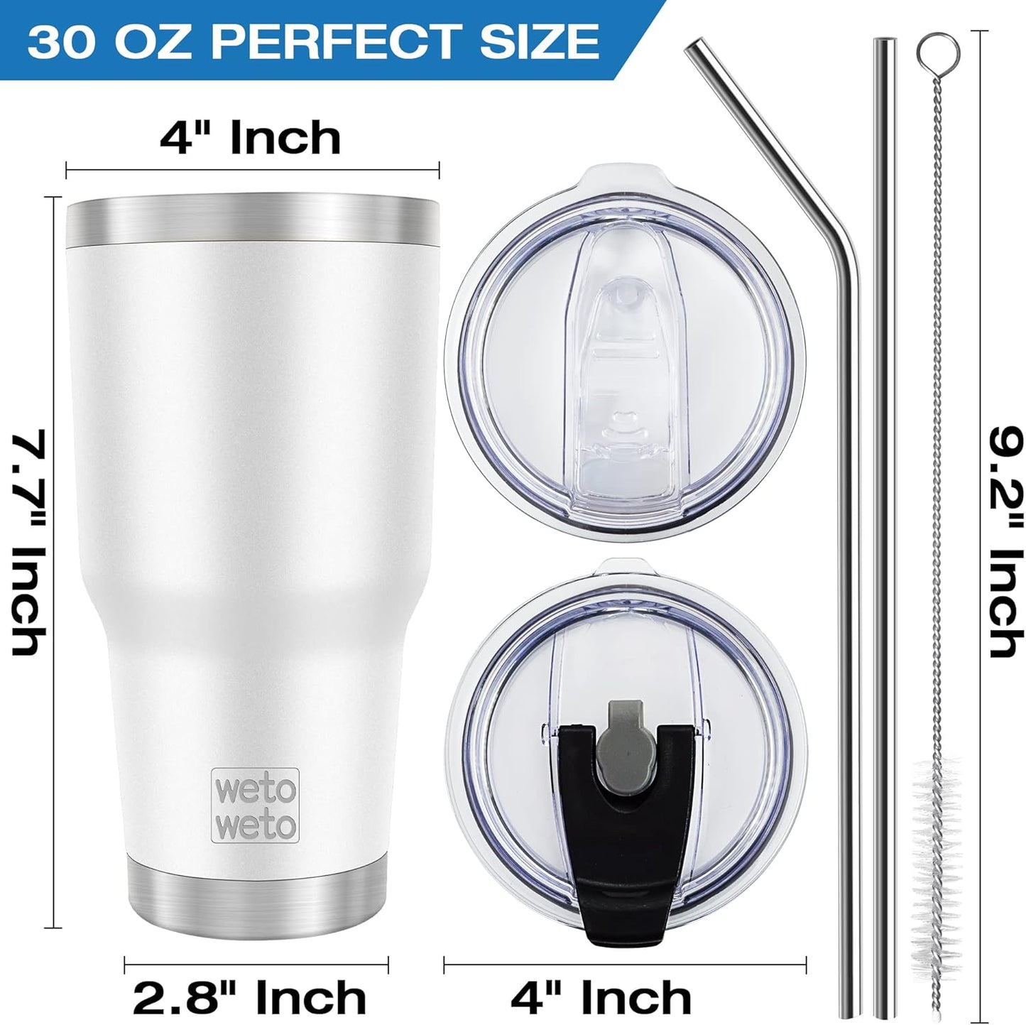 WETOWETO 30 oz Stainless Steel Tumbler, Insulated Coffee Tumbler Cup with 2 Lids and 2 Straws, Double Walled Travel Coffee Mug for Hot & Cold Drinks (White, 1 Pack)