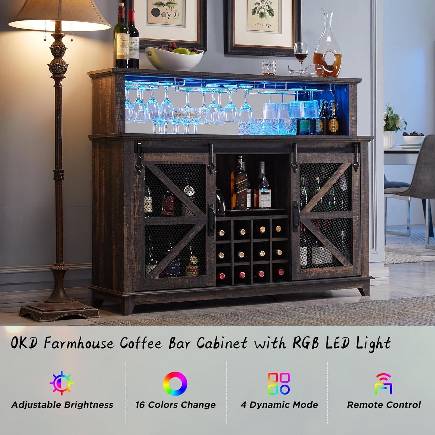 OKD Farmhouse Coffee Bar Cabinet with LED Lights, 55" Wine Bar w/Sliding Barn Door & Wine and Glass Rack, Kitchen Buffet Cabinet w/Storage Shelves for Dining Room,Dark Rustic Oak