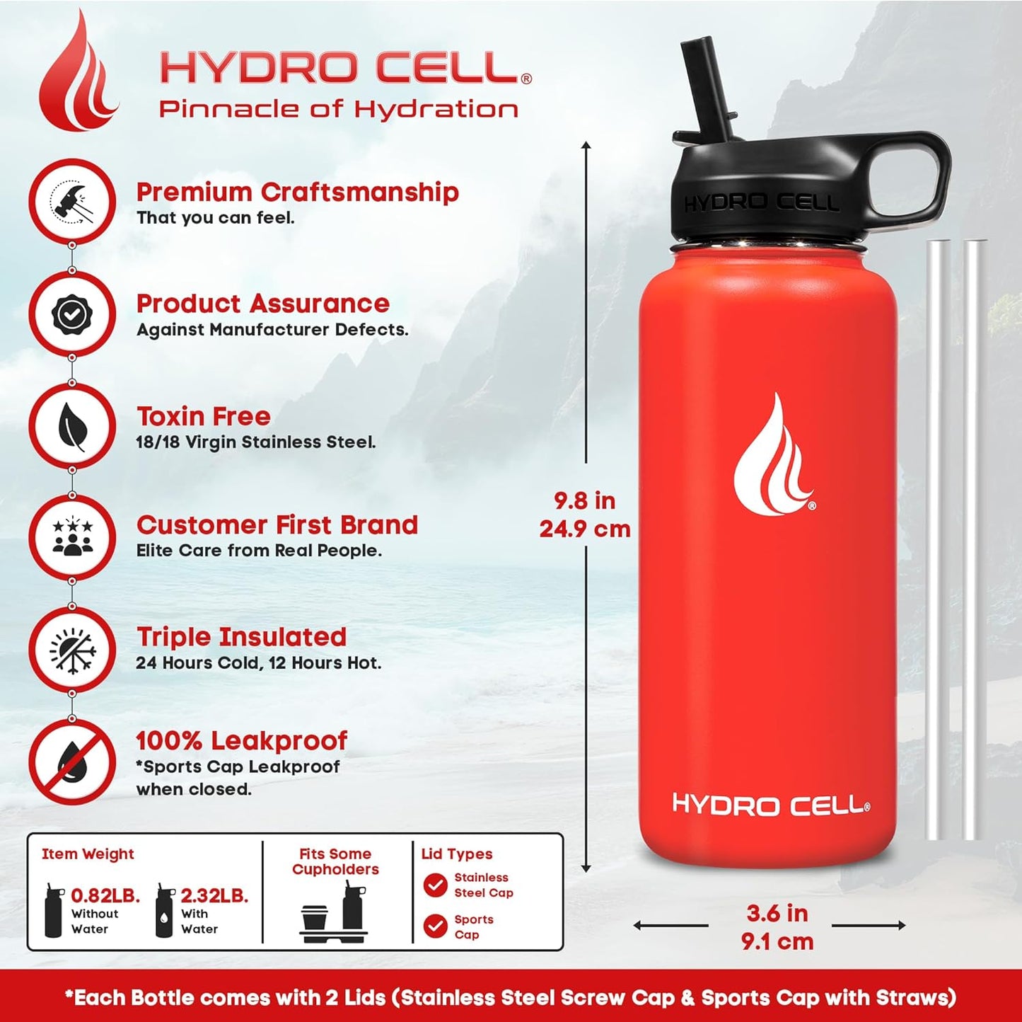 HYDRO CELL Stainless Steel Insulated Water Bottle with Straw - For Cold & Hot Drinks - Metal Vacuum Flask with Screw Cap and Modern Leakproof Sport Thermos for Adults (Mandarin 32oz)