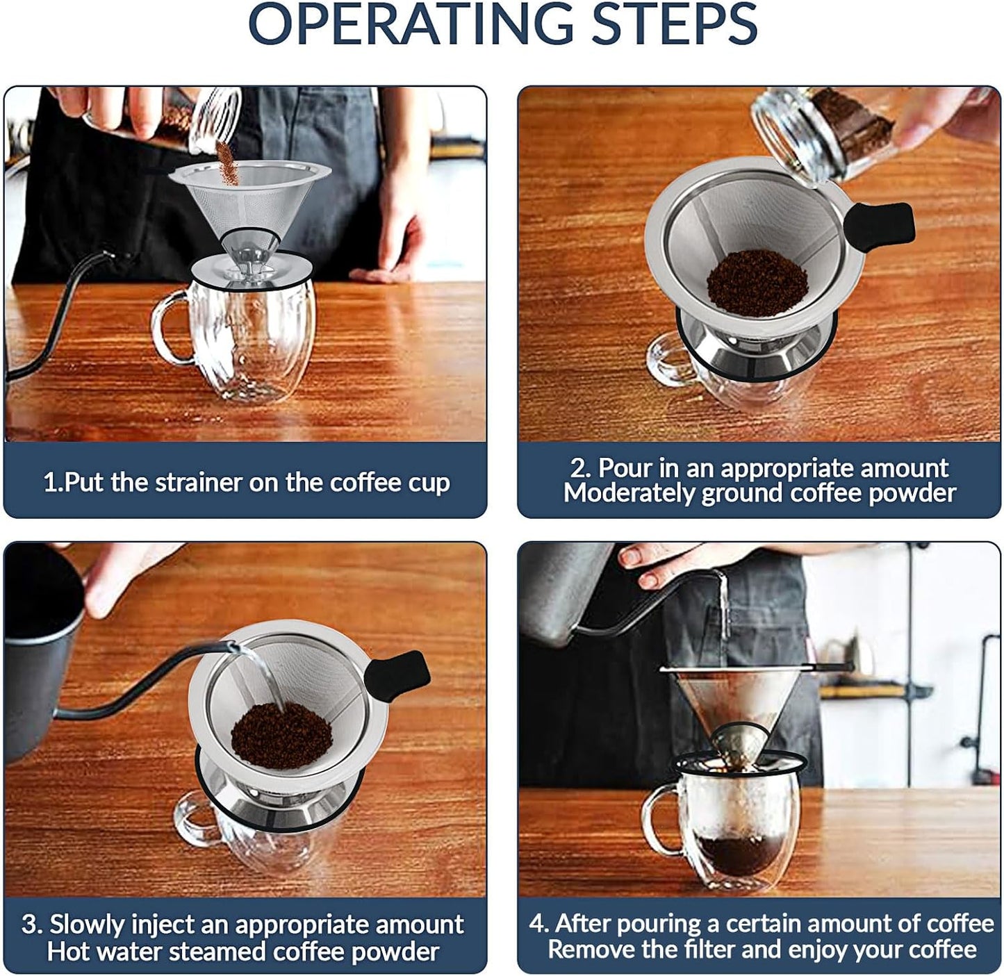 Pour Over Coffee Dripper-Stainless Steel Coffee Filter,Reusable Drip Cone Coffee Filter Portable Pour for 1-4 Cup (With Silicone Ring, M)