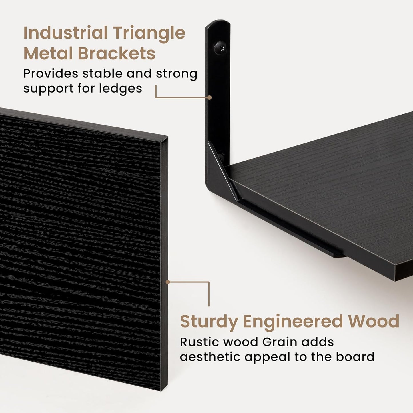 Fun Memories Deep Floating Shelves, 48W x 8D Floating Shelves Set of 2, Wall Mounted Shelf with Metal Brackets, Rustic Wood Wall Shelf for Bathroom, Kitchen and Living Room, Black