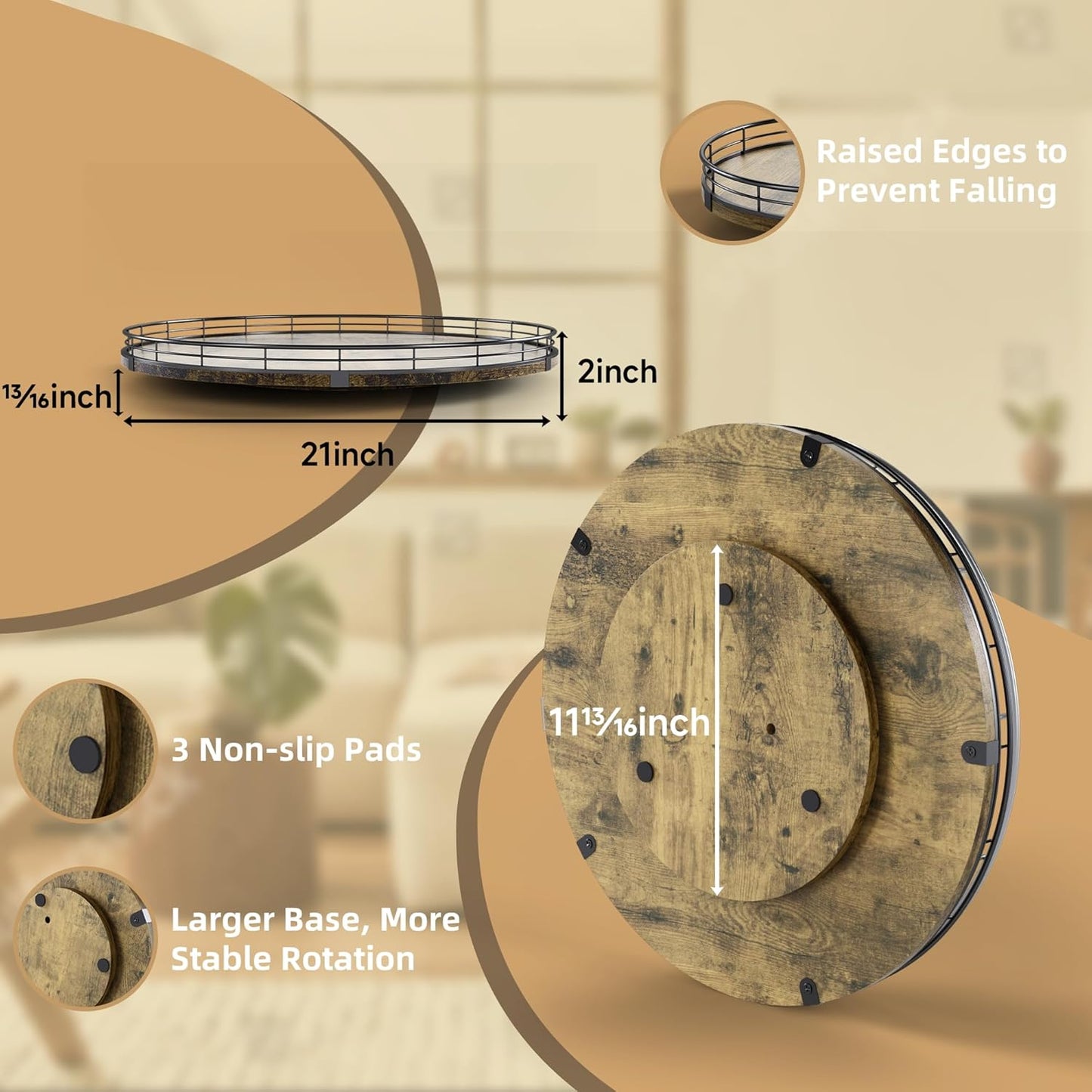 Lazy Susan Turntable Organizer for Table Top, 21’’ Round Wooden Lazy Susan for Cabinet Kitchen Countertop Pantry Dining Coffee Table for Condiments Spices, Rustic Bathroom Vanity Tray for Soap Candle