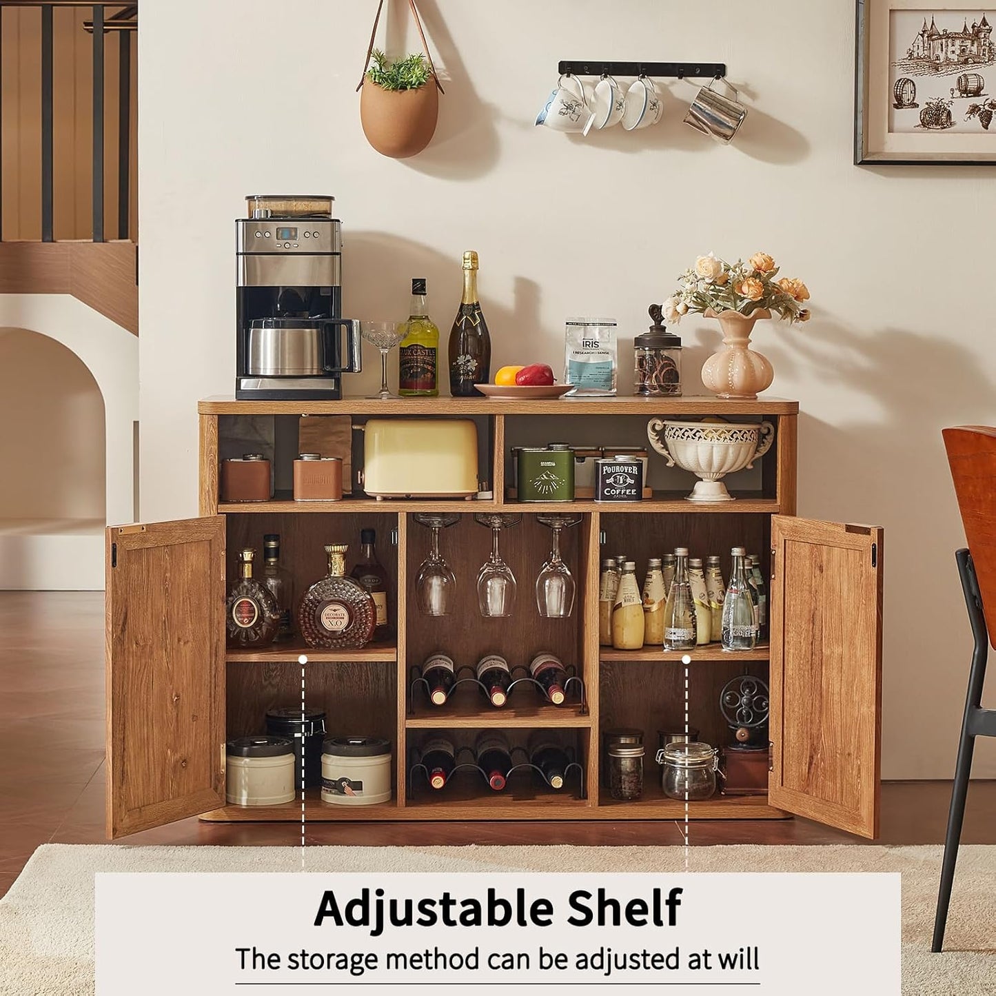 Lerliuo 47.2" Rattan Wine & Liquor Cabinet with 2 Doors, Boho Farmhouse Coffee Bar Station, Built-in Wine Racks & Storage, Adjustable Shelves for Living Room, Dining Room, Kitchen, Tea Brown