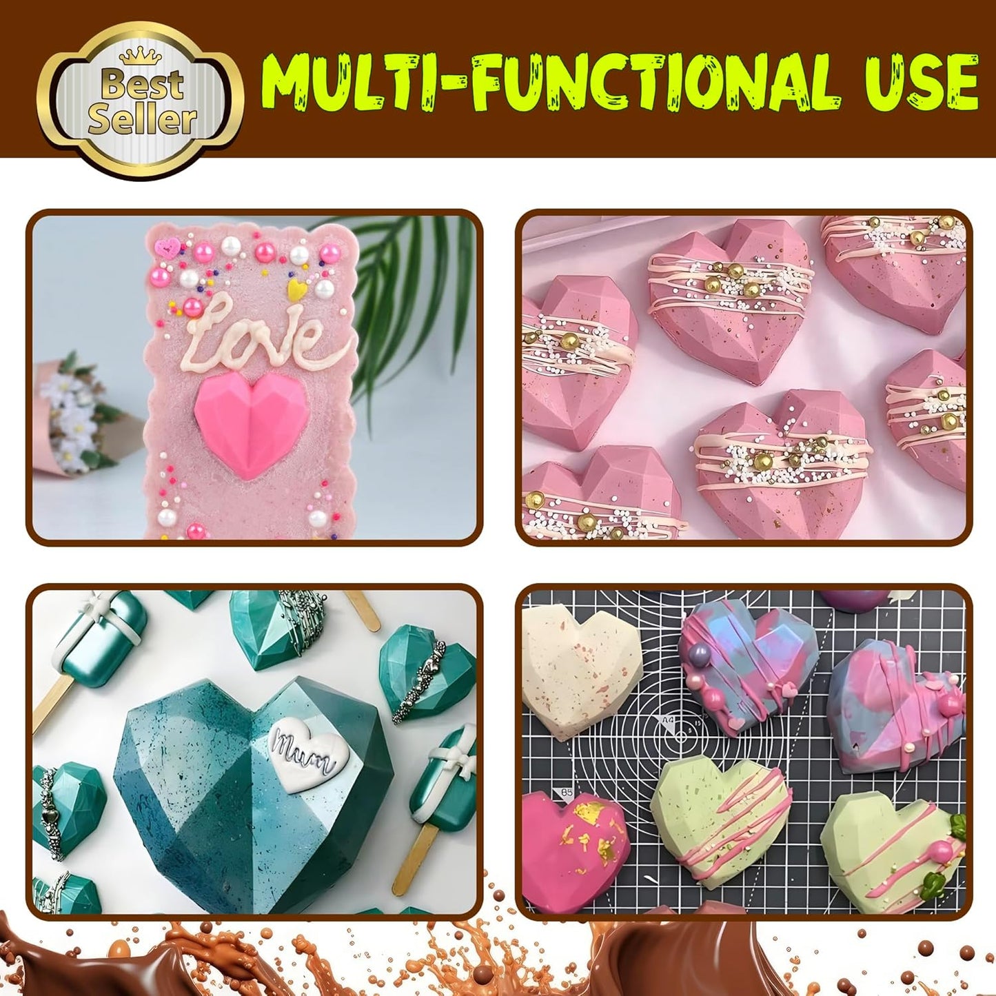 Mini Diamond Heart Shaped Chocolate Mold 15 Holes 3D Heart Candy Molds Silicone Mini Silicone Baking Pan - 4 Pack