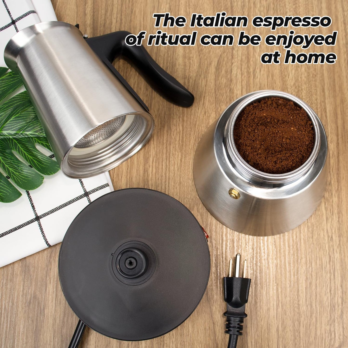Electric Stainless Steel Moka Pot 6 Cup 300ml Mocha Pot Espresso Maker with Detachable Base Ideal Coffee Maker for Home Italian and Cuban Café Coffee maker Espresso maker Coffee Pot