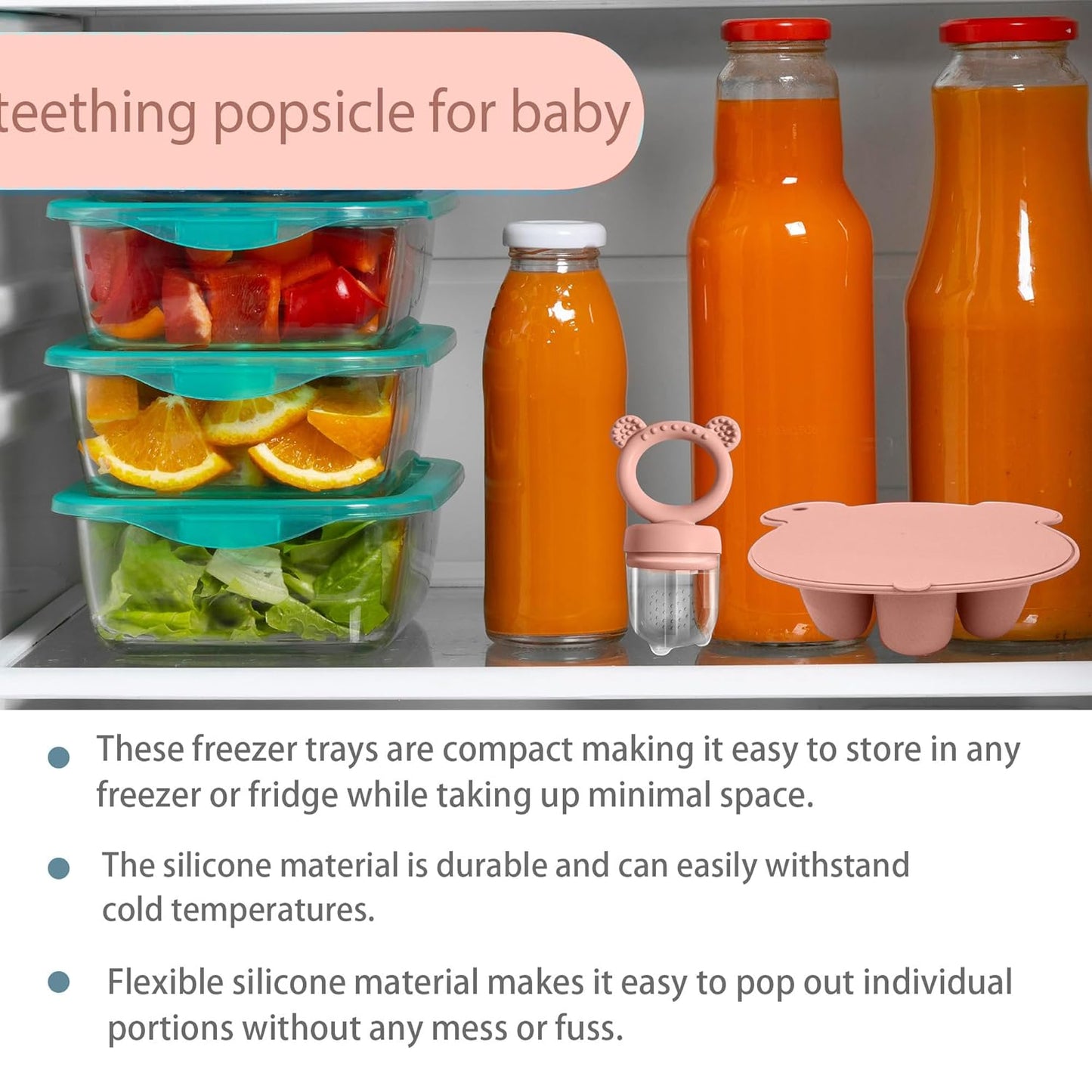 Silicone Baby Food Freezer Tray with Teething Popsicle Molds - Baby Fruit Feeder and Breastmilk Teether Combo