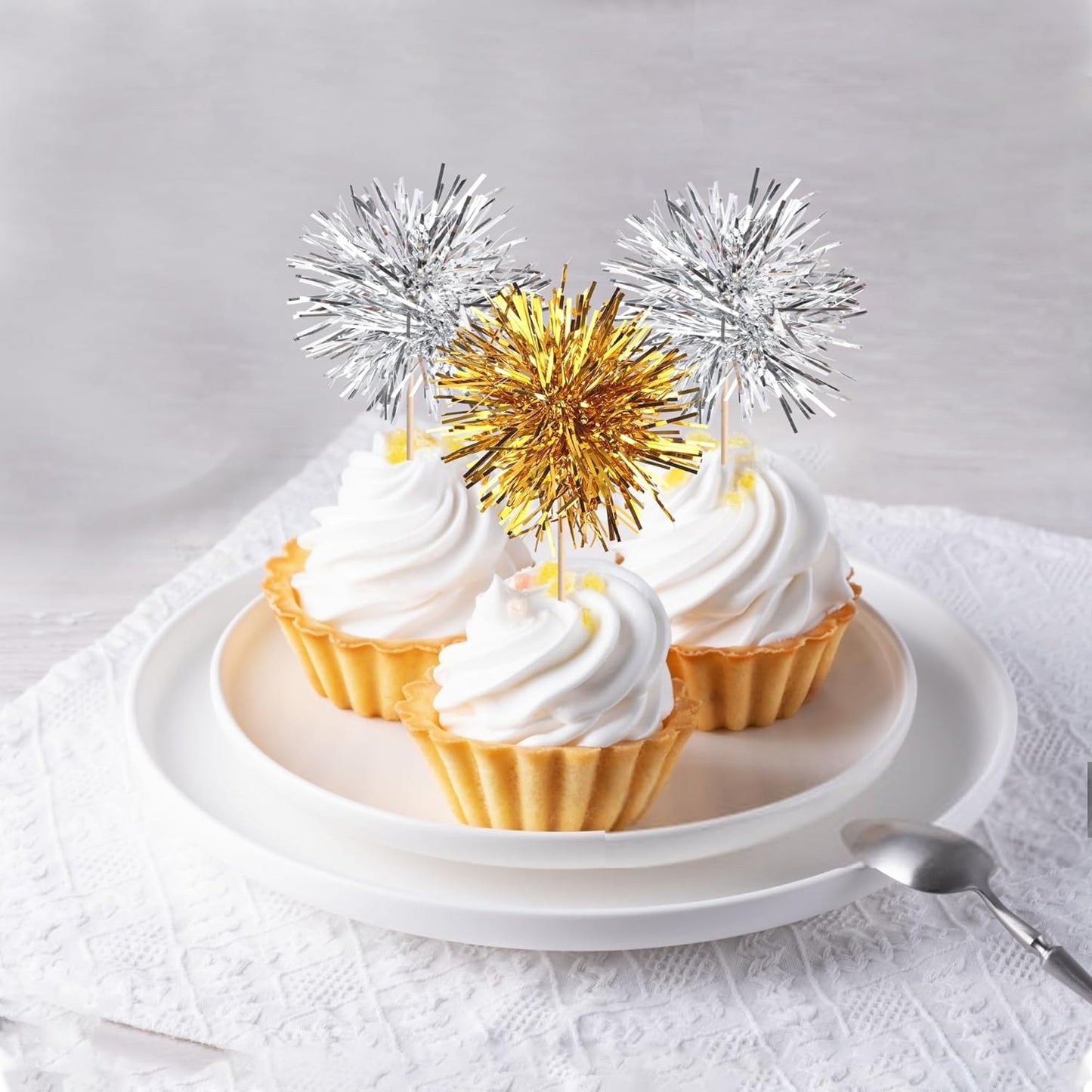 40 PCS Foil Firework Cupcake Toppers Sparkle Tinsel Cupcakae Picks Foil Firework Party Decorations Cocktail Fruit Toothpick for Fireworks Theme Birthday Wedding Graduation Party Decoration Gold Silver