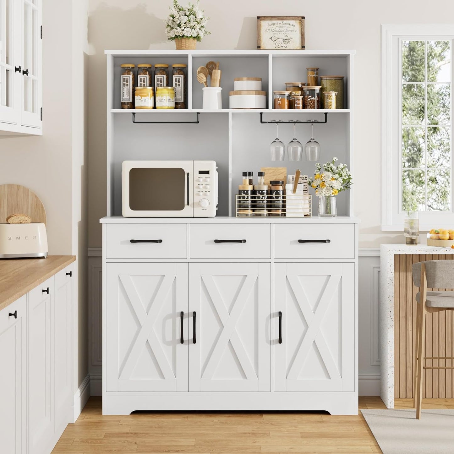 HOSTACK Buffet Cabinet with Hutch, Modern Farmhouse Kitchen Buffet Sideboard Storage with 3 Drawers, Barn Door Coffee Bar Station, Liquor Cabinet for Dining Room, Living Room, White