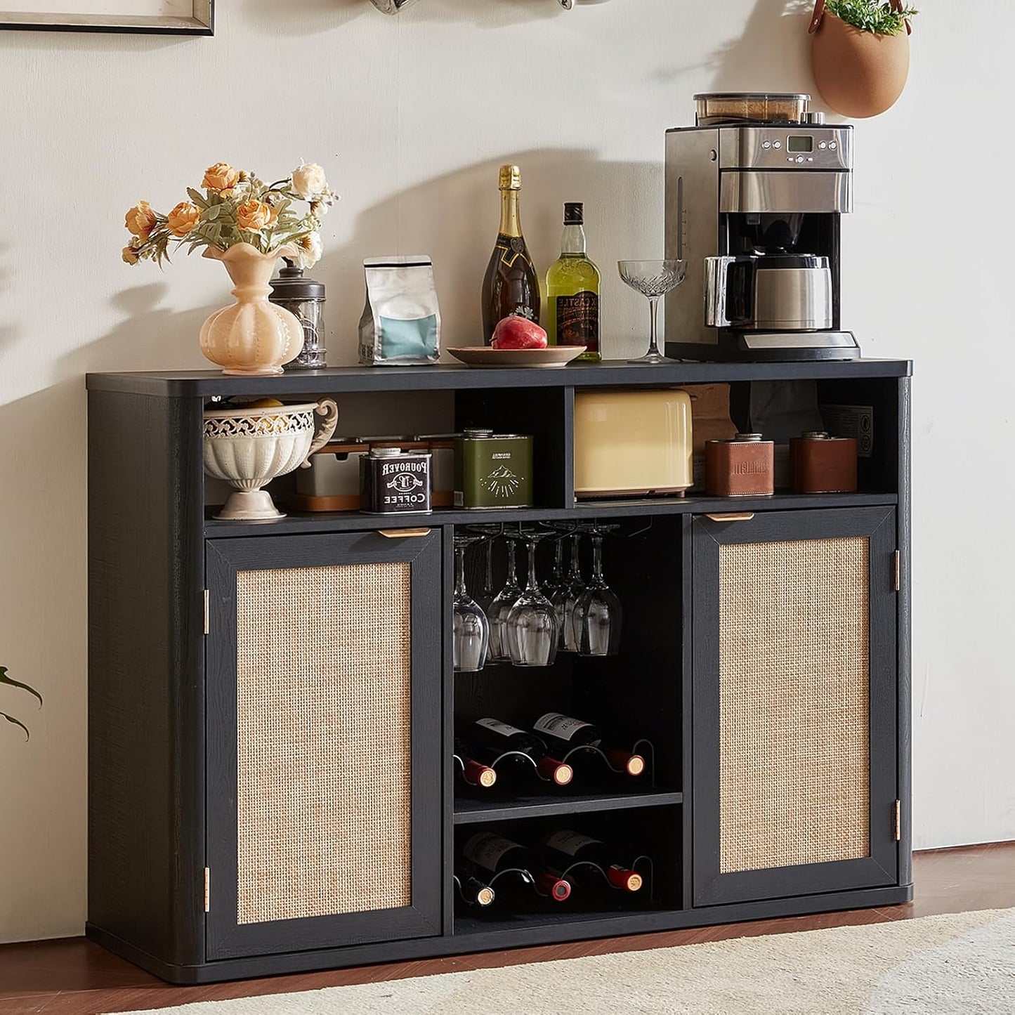 Lerliuo 47.2" Rattan Wine & Liquor Cabinet with 2 Doors, Boho Farmhouse Coffee Bar Station, Built-in Wine Racks & Storage, Adjustable Shelves for Living Room, Dining Room, Kitchen, Black