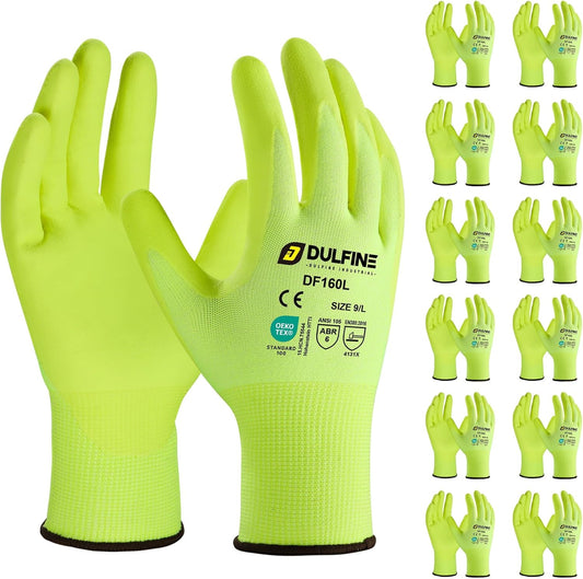 DULFINE Work Gloves for Men and Women,Hi-Vis Yellow Knit Nylon Glove with MicroFoam Nitrile Coated-12 Pairs Pack,Ideal for General Purpose,Automotive,Home Improvement,Painting(Large)