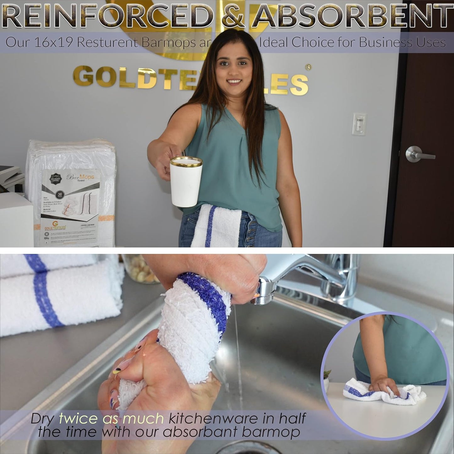 GOLD TEXTILES 12 PC New Cotton Blend White Restaurant Bar Mops Kitchen Towels 28oz (1 Dozen) (12, Blue Stripe)