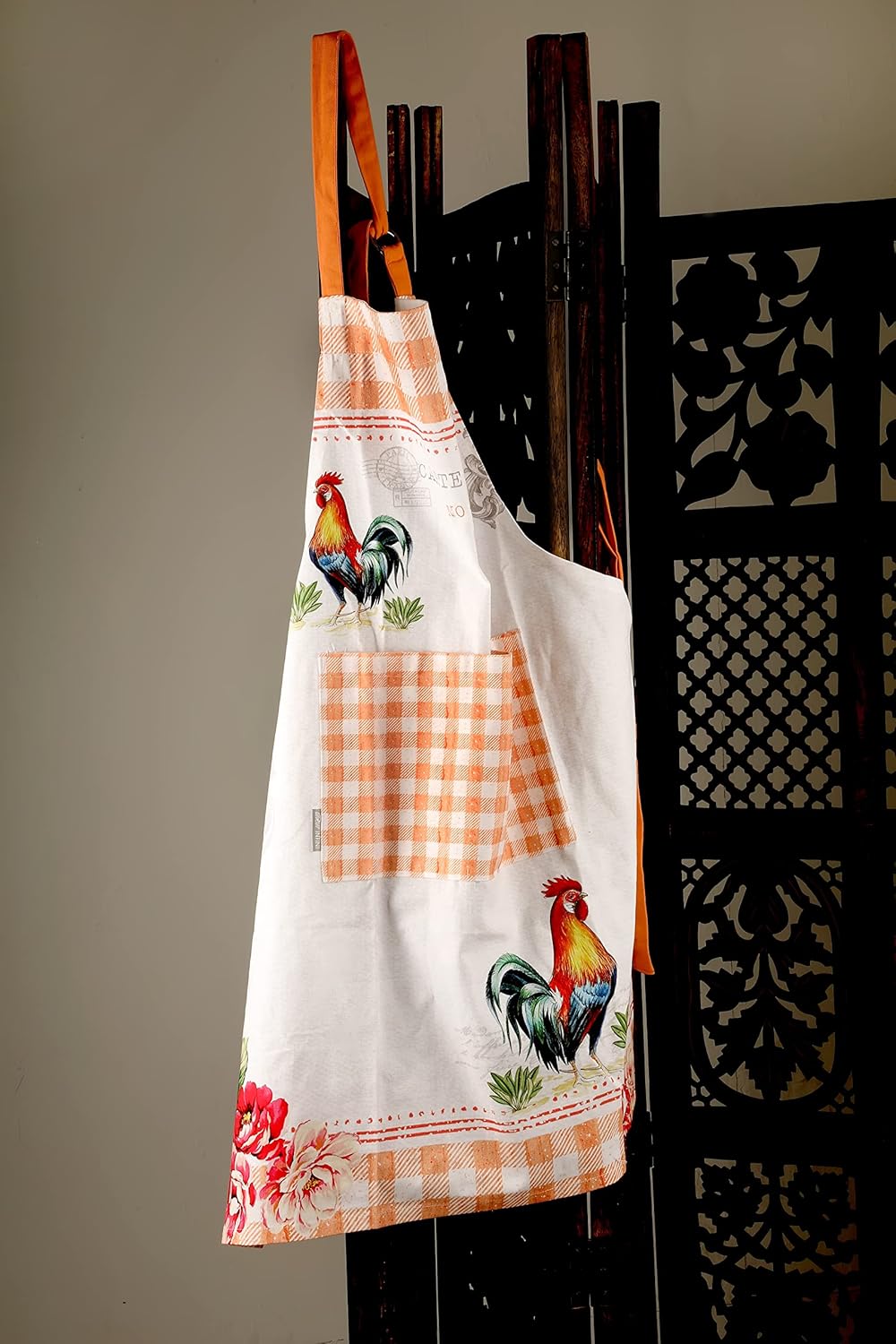AMOUR INFINI Cotton Aprons for Women with Pocket, Adjustable Strap & Waist Ties - Washable Aprons for Baking, Cooking, Gardening (27.5 x 33 Inches - Farm Rooster)