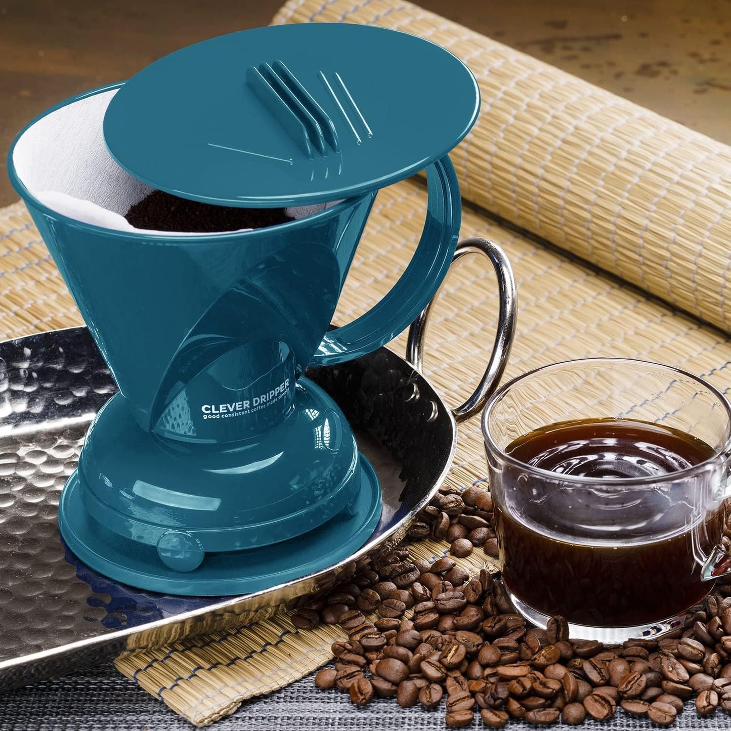 Clever Coffee Dripper and Filters, Large 18 oz| Barista's Choice| Safe BPA Free Plastic|Includes 100 Filters (Peacock Blue)