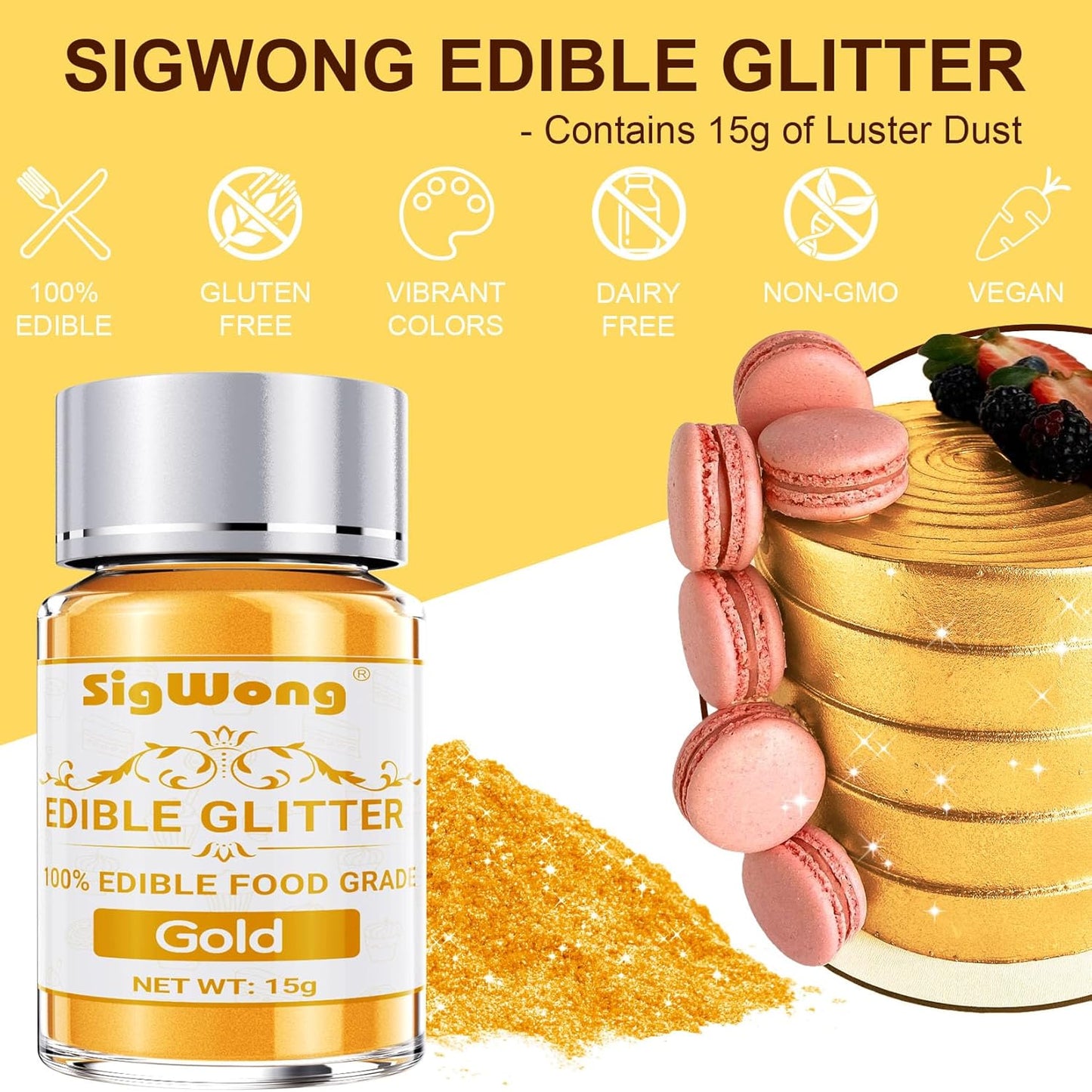 Gold Edible Glitter - 15g Food Grade Luster Dust Powder, Cake Decorating Sprinkle Glimmery Dust for Drinks, Wine, Fondant, Chocolate, Candy, Cookie, Vegan