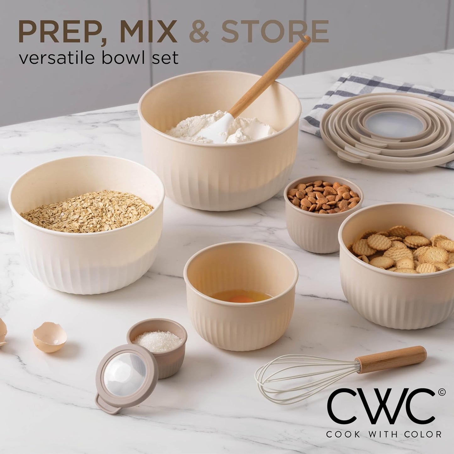 COOK WITH COLOR Prep Bowls with Lids- Wide and Deep Nesting Plastic Small Mixing Bowl Set with Lids, 12 Piece Set - Deep Bowls, Brown