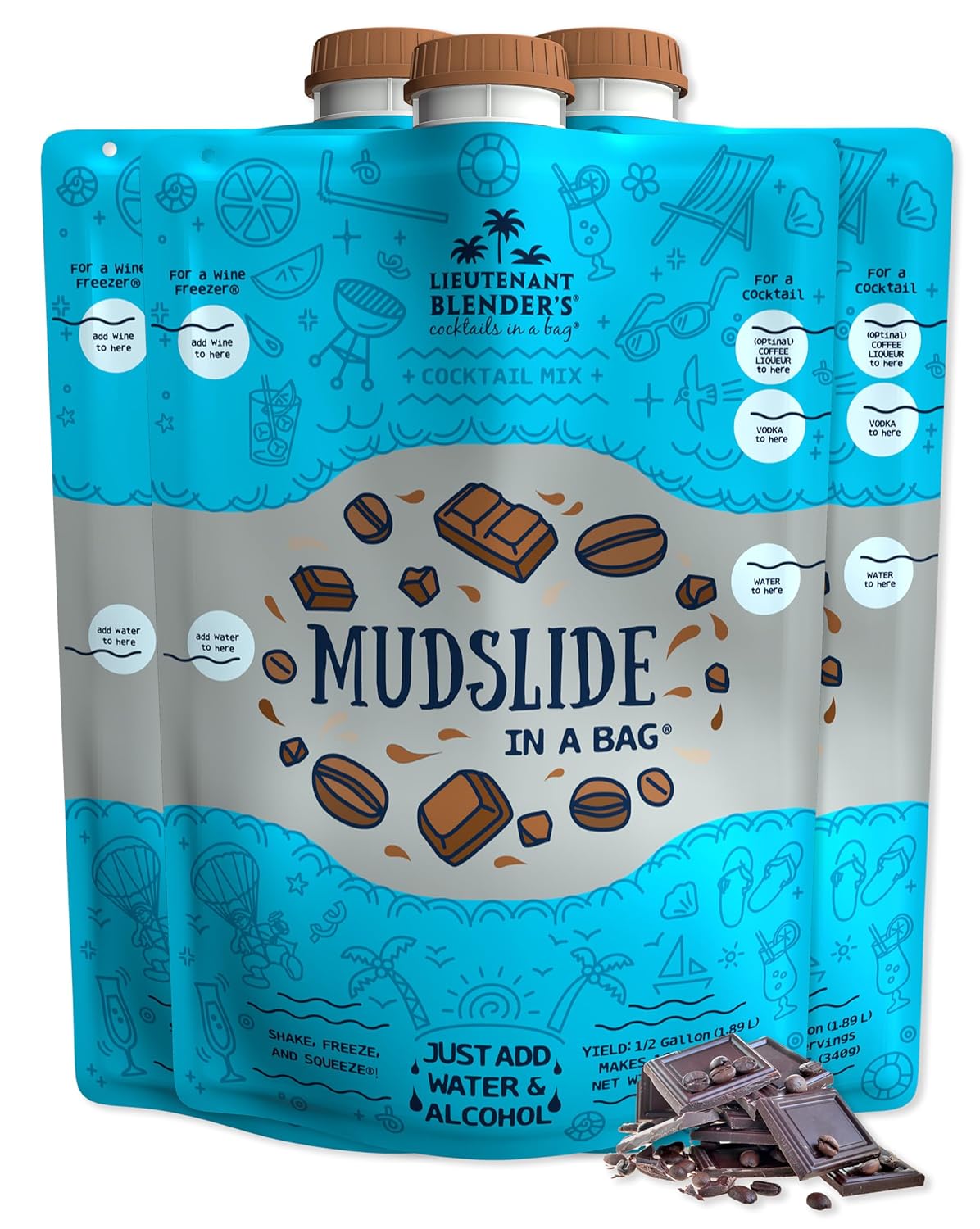 Lt. Blender's Mudslide Cocktail Mix - All Natural Creamy Rich Chocolate Coffee Blend, Easy to Make Slushy Cocktail, Resealable and Portable, 16 Servings per bag (3 Pack)