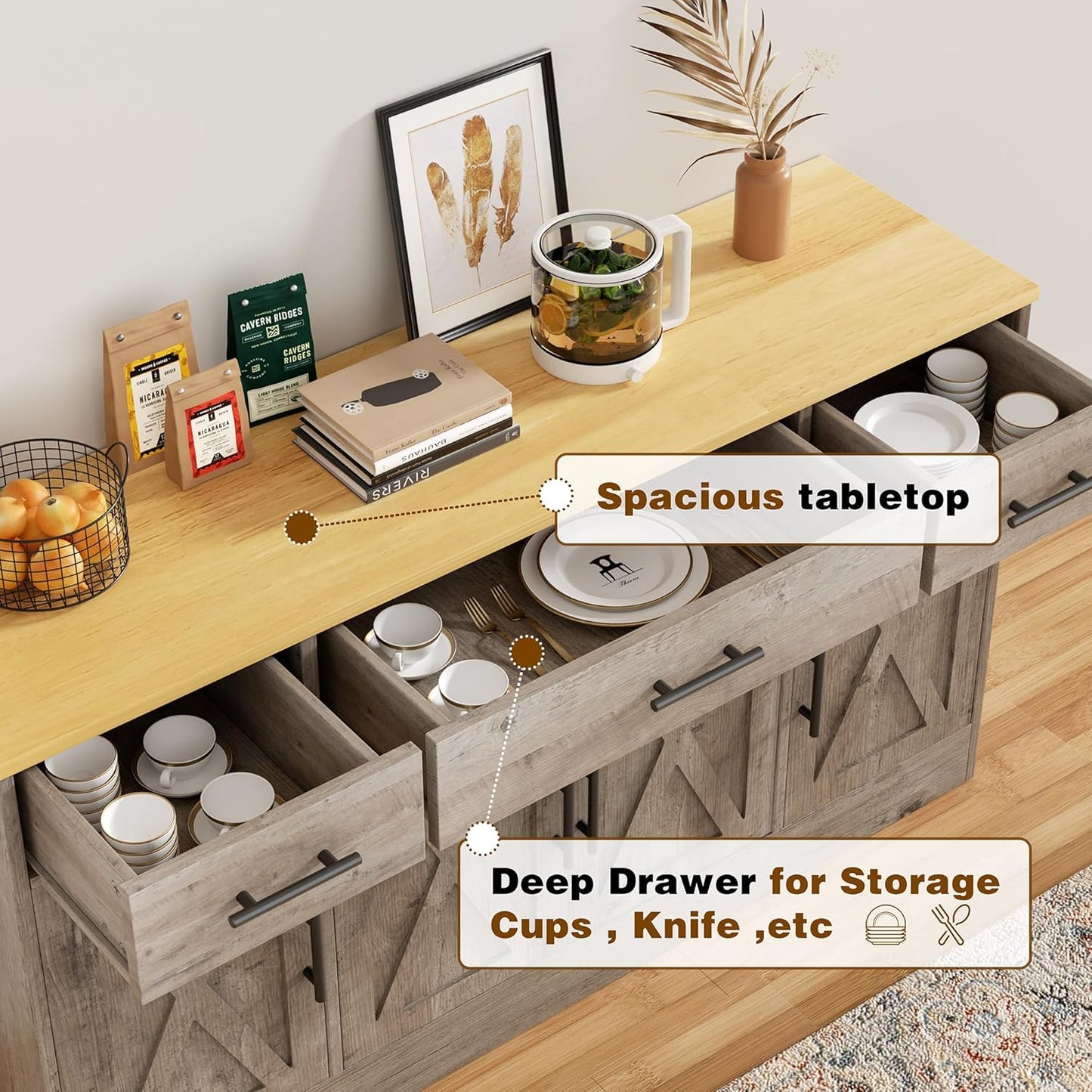 Vongrasig 53" Large Sideboard Buffet Cabinet With 4 Doors and 3 Drawers, Farmhouse Coffee Bar Kitchen Storage Cabinet, Wood Table for Kitchen, Dining Room, Ash Grey