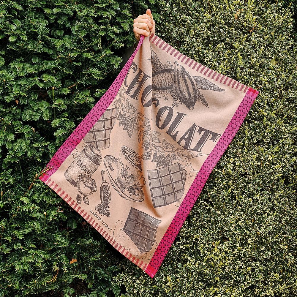 Garnier Thiebaut Tasse De Chocolat Fuchsia (Cup of Fuchsia Chocolate) French Kitchen Towel 22"x30", Cotton, Jacquard