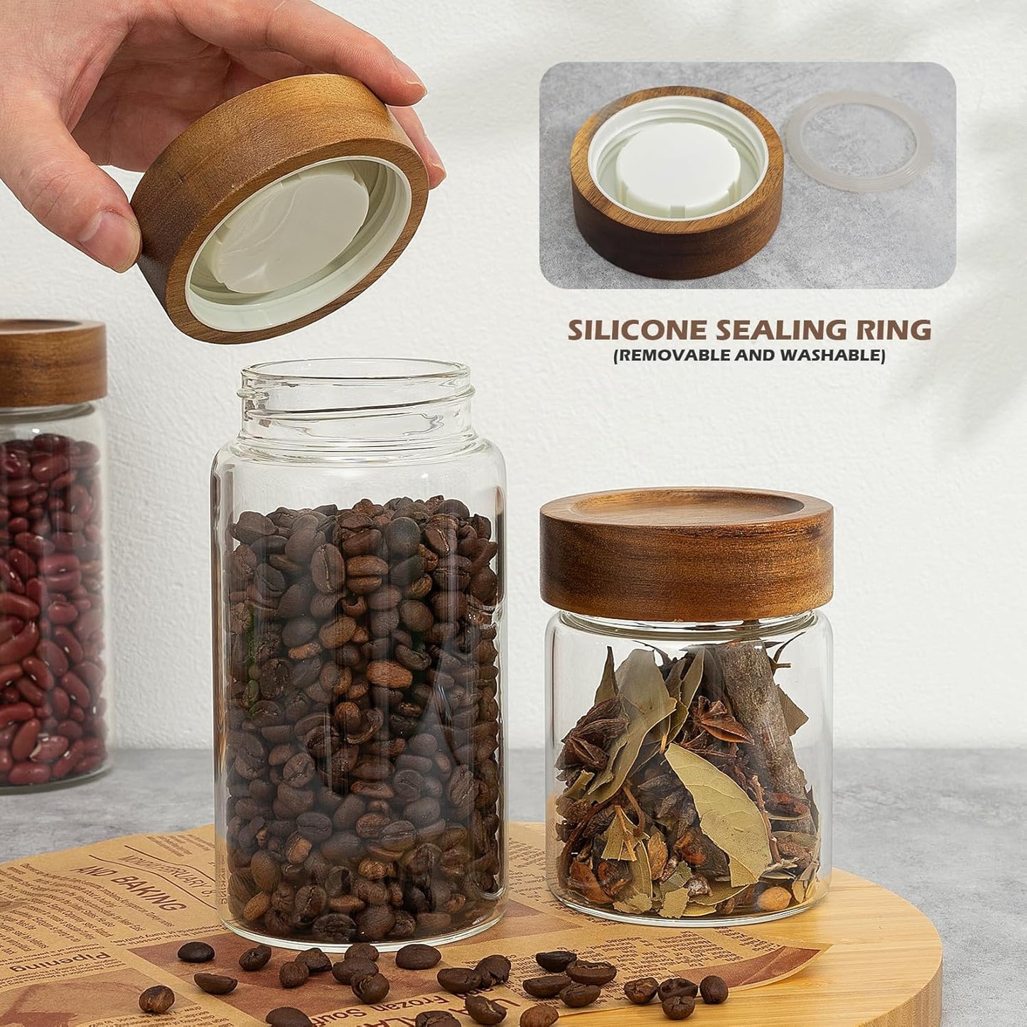 2PCS Small Glass Storage Jars with Airtight Lids, 19.3 fl oz (560ml) coffee container with Wooden Lid, Glass Pantry Canister for Beans, Rice, Sugar and etc