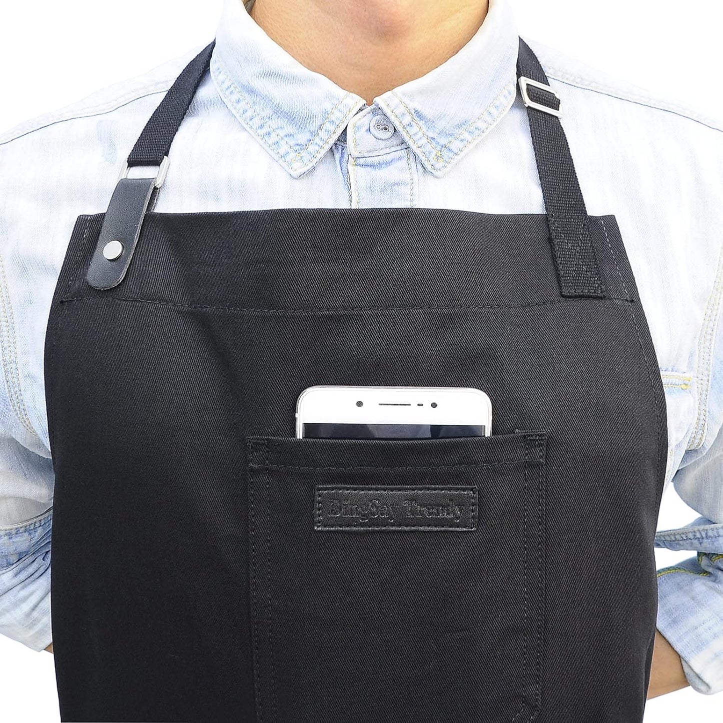 Black Cotton Kitchen Apron, Mens Womens Professional Cooking Bib Apron for Chef Grill BBQ, with Pockets Towel Loop and Adjustable Neck Strap