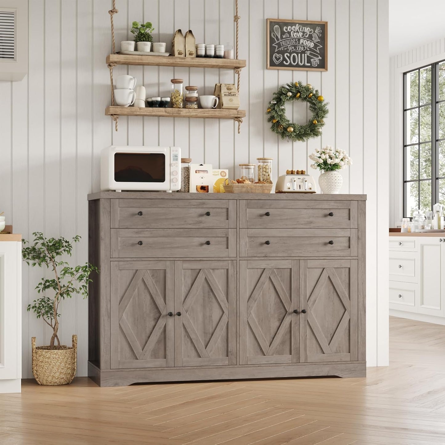 HOSTACK 55" Coffee Bar with 4 Large Drawers, 40" Tall Buffet Cabinet with Storage, Kitchen Storage Cabinet, Modern Farmhouse Sideboard Buffet, Adjustable Shelves for Living Room, Ash Grey