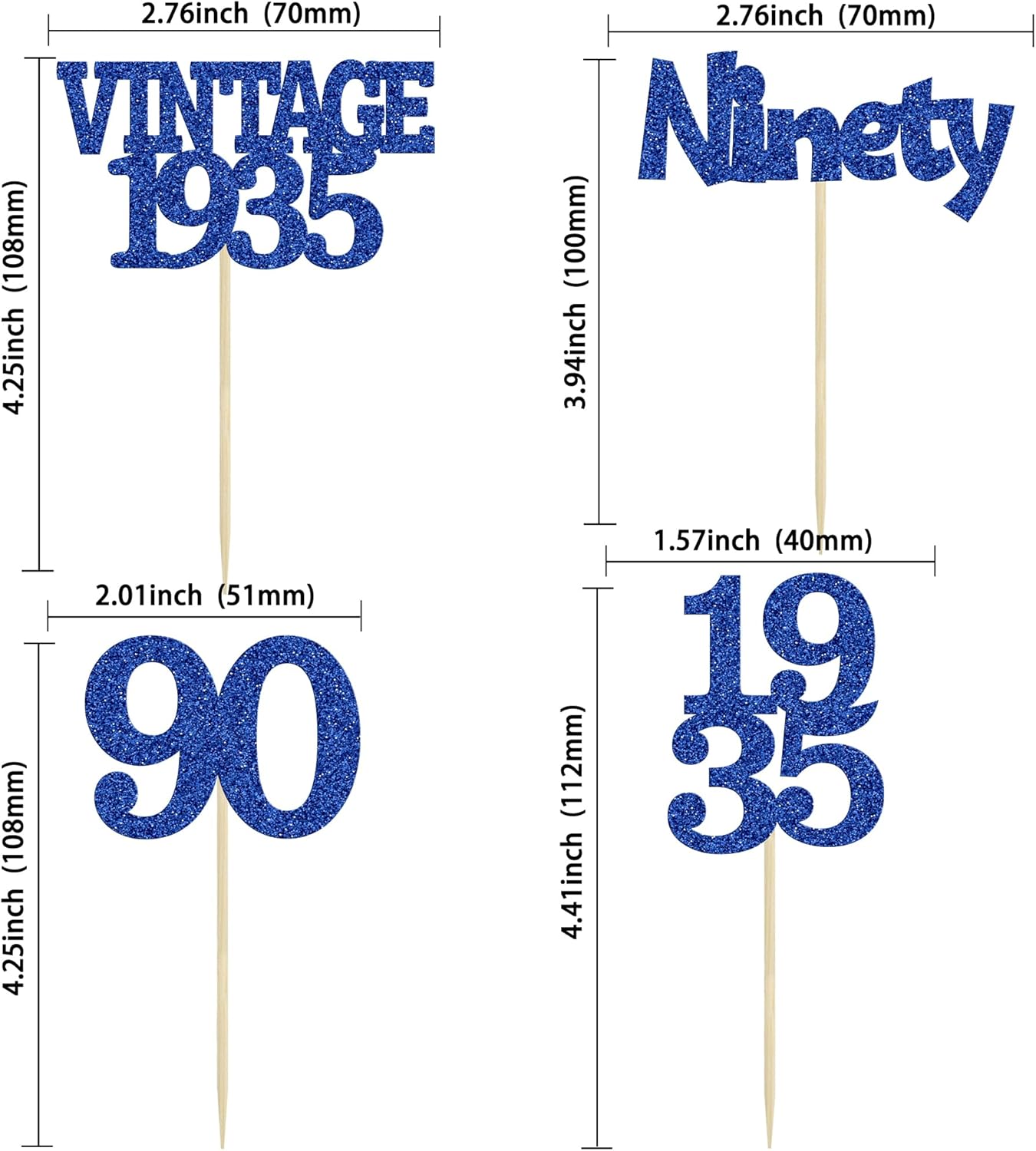 Gyufise 24Pcs Vintage 1935 Cupcake Toppers Glitter Cheers to 90 Fabulous Ninety Cupcake Picks 90th Birthday Wedding Anniversary Party Cake Decorations Supplies Deep Blue