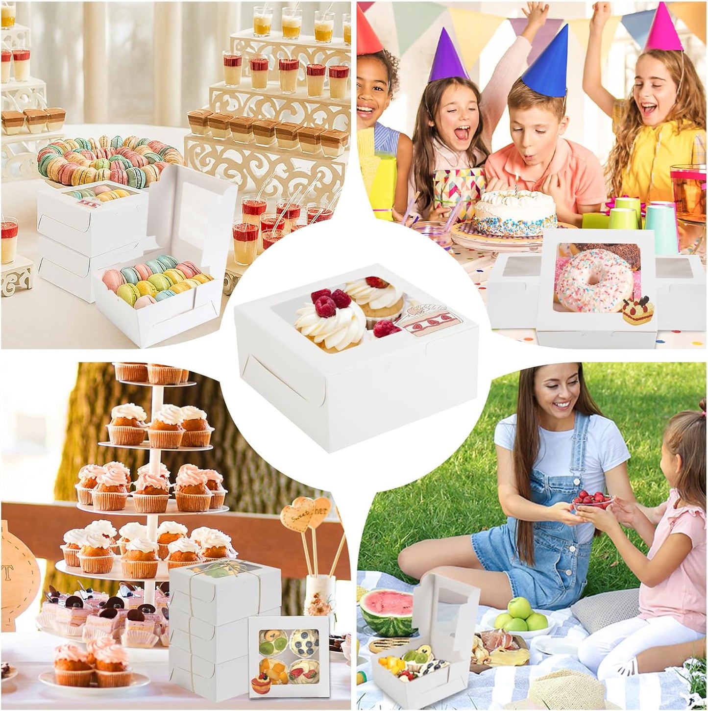 OAMCEG 50 Pack Cookie Boxes with Window 6x6x3 Inches White Cupcake Boxes, Bakery Treat Boxes with Stickers & Twine for Pastry, Desserts, Strawberries, Cupcakes, Gift Giving