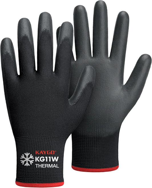 KAYGO Winter Work Gloves for Men and Women, 12 Pairs Thermal Insulated Safety Work Gloves PU Coated, Smooth Grip on Palm & Fingers,Ideal for Freezer Work,Black,S